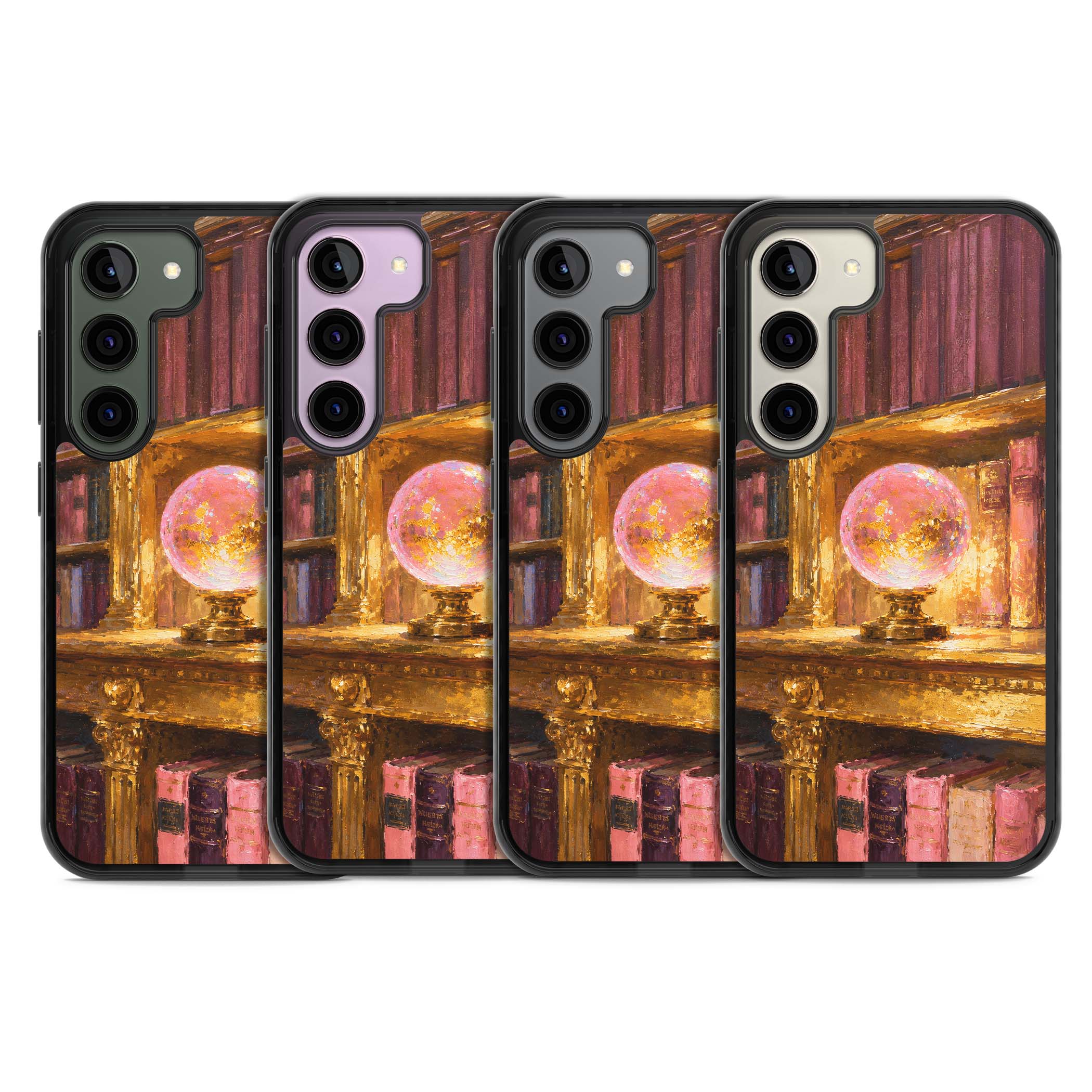 Gilded Library dark academia iPhone case featuring an oil painted crystal ball on a gilded library shelf with vintage | Black Impact case for Samsung Galaxy S24, Samsung Galaxy S23, Samsung Galaxy S22