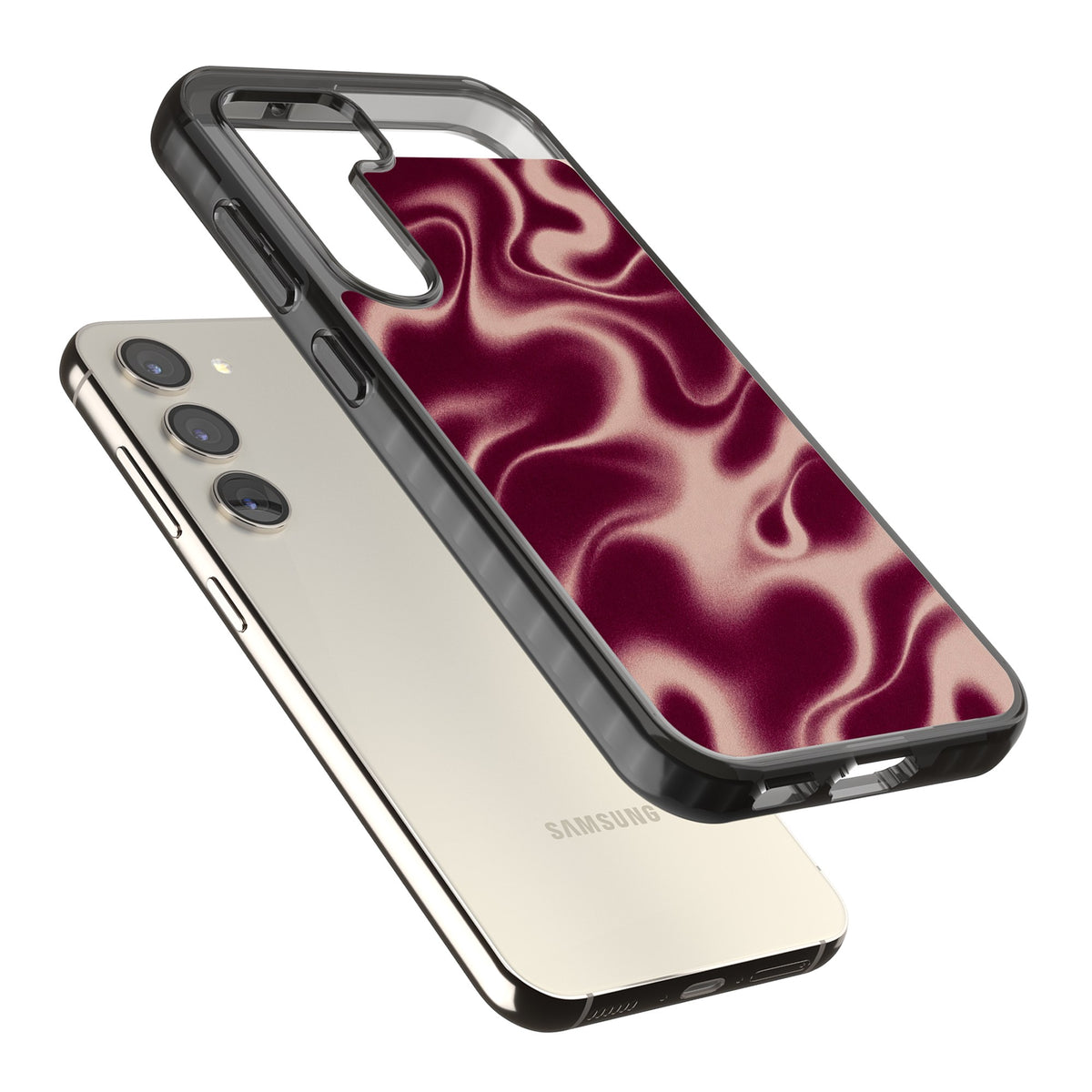 Merlot Sand abstract iPhone case featuring burgundy liquid satin waves, rose-gold highlights and silky folds Samsung S22 / Samsung S22 Plus / Samsung S23 / Samsung S23 Plus / Samsung S24 / Samsung S24 Plus Impact Black Phone Case angled