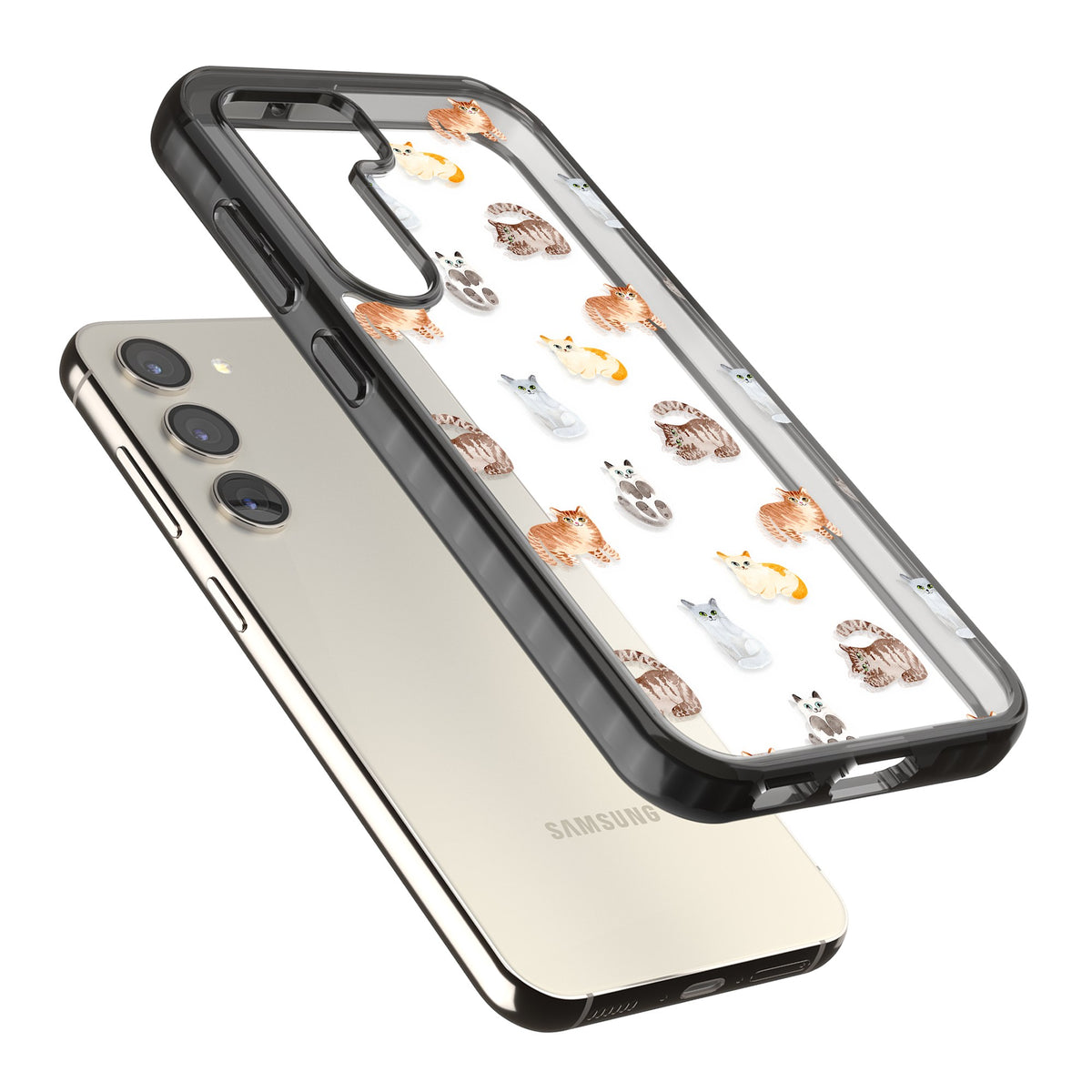 Cute Cat Pattern Classic Samsung S22 / Samsung S22 Plus / Samsung S23 / Samsung S23 Plus / Samsung S24 / Samsung S24 Plus Impact Black Phone Case angled