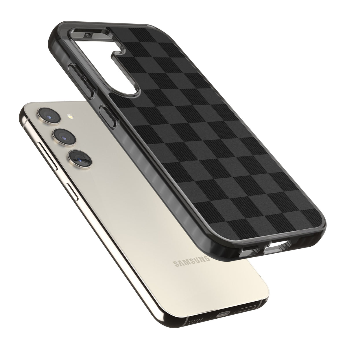Black Checkered Samsung S22 / Samsung S22 Plus / Samsung S23 / Samsung S23 Plus / Samsung S24 / Samsung S24 Plus Impact Black Phone Case angled