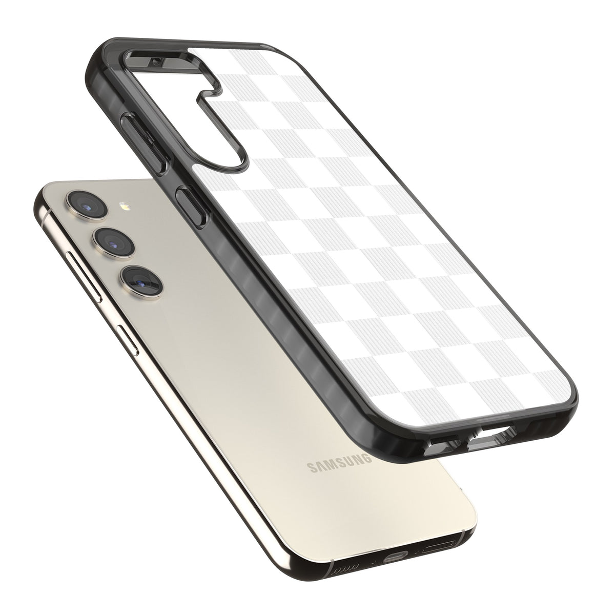 White Checkered Samsung S22 / Samsung S22 Plus / Samsung S23 / Samsung S23 Plus / Samsung S24 / Samsung S24 Plus Impact Black Phone Case angled