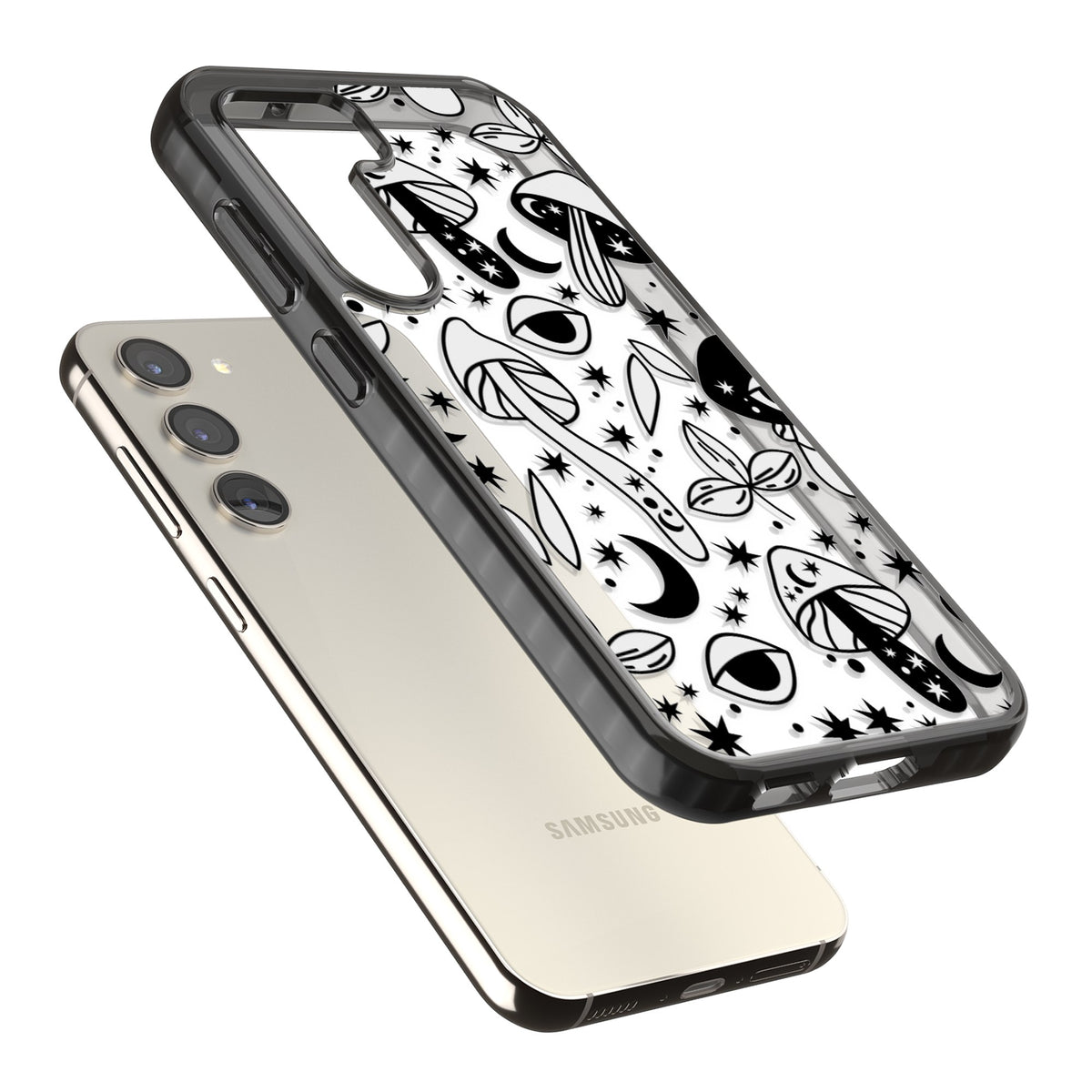 Mystic Mushrooms Pattern Samsung S22 / Samsung S22 Plus / Samsung S23 / Samsung S23 Plus / Samsung S24 / Samsung S24 Plus Impact Black Phone Case angled