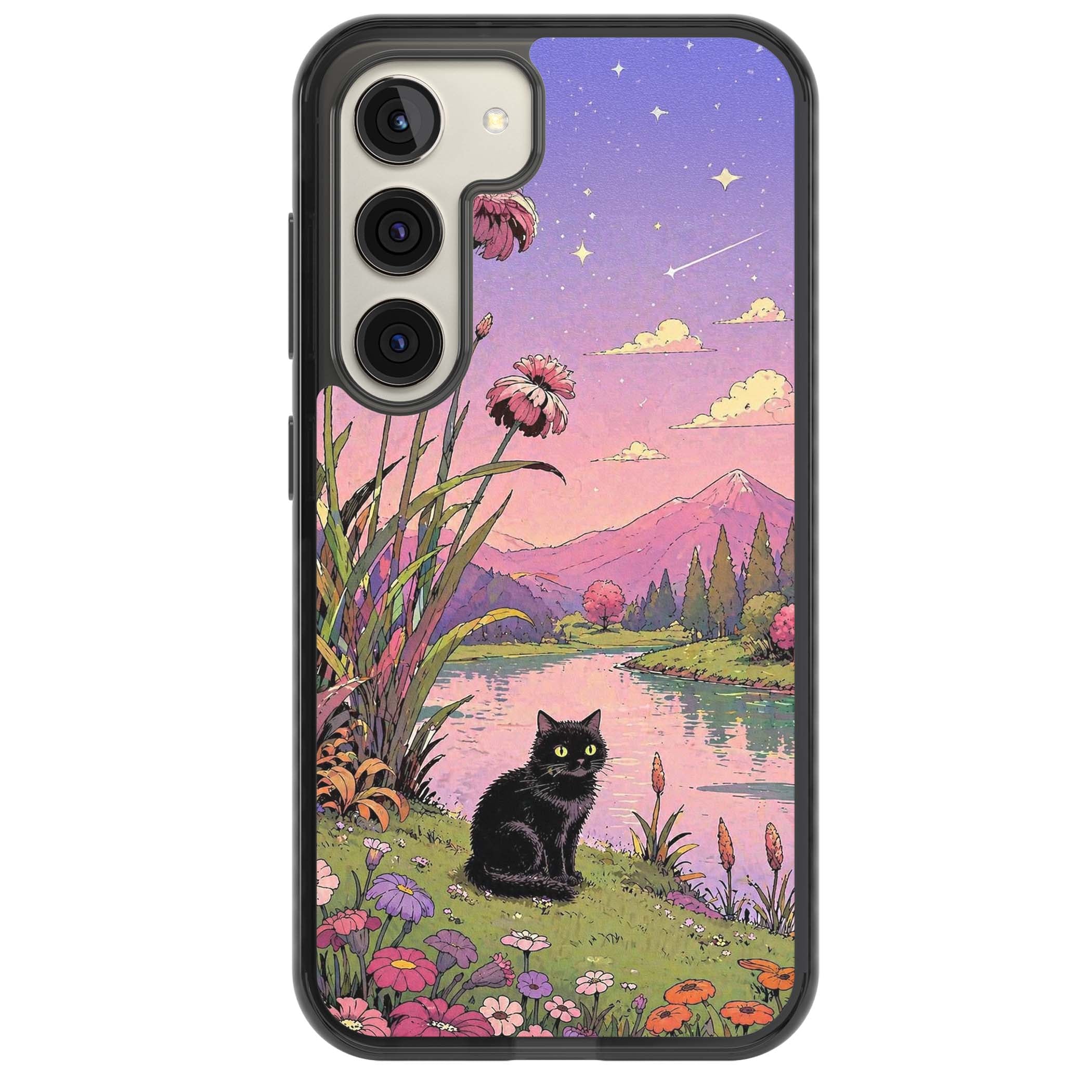 Mystic Whiskers ghibli iPhone case featuring a black cat by a pastel lake, wildflowers and a starry sunset sky | Black Impact case for Samsung Galaxy S24, Samsung Galaxy S23, Samsung Galaxy S22