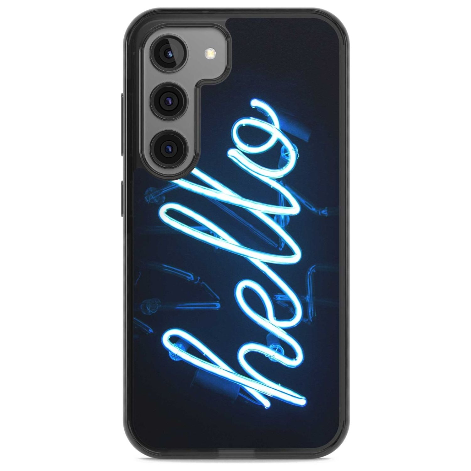 "Hello" Blue Cursive Neon Sign Phone Case Samsung S22 / Black Impact Case,Samsung S23 / Black Impact Case Blanc Space
