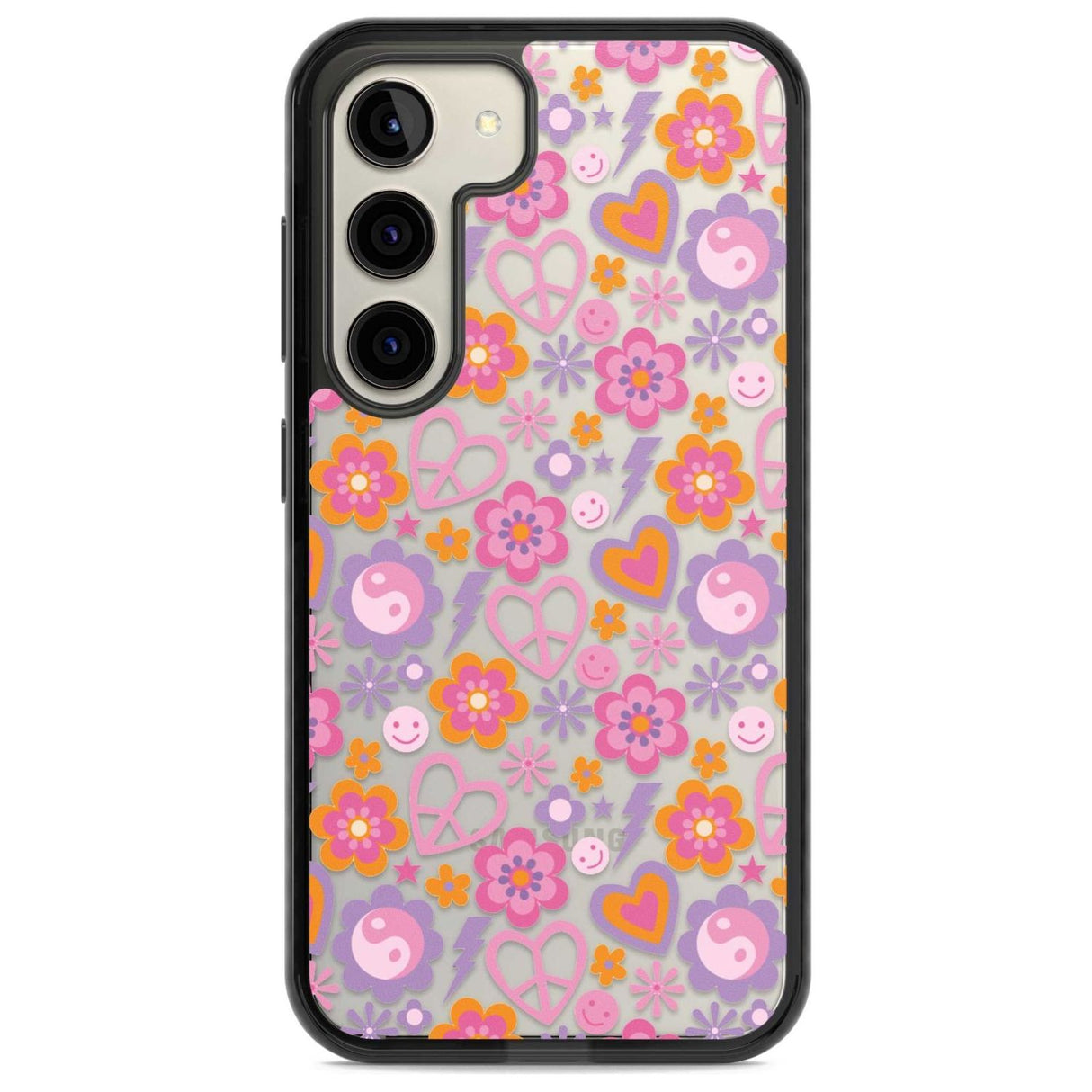 Peace, Love and Flowers Pattern Phone Case Samsung S22 / Black Impact Case,Samsung S23 / Black Impact Case Blanc Space