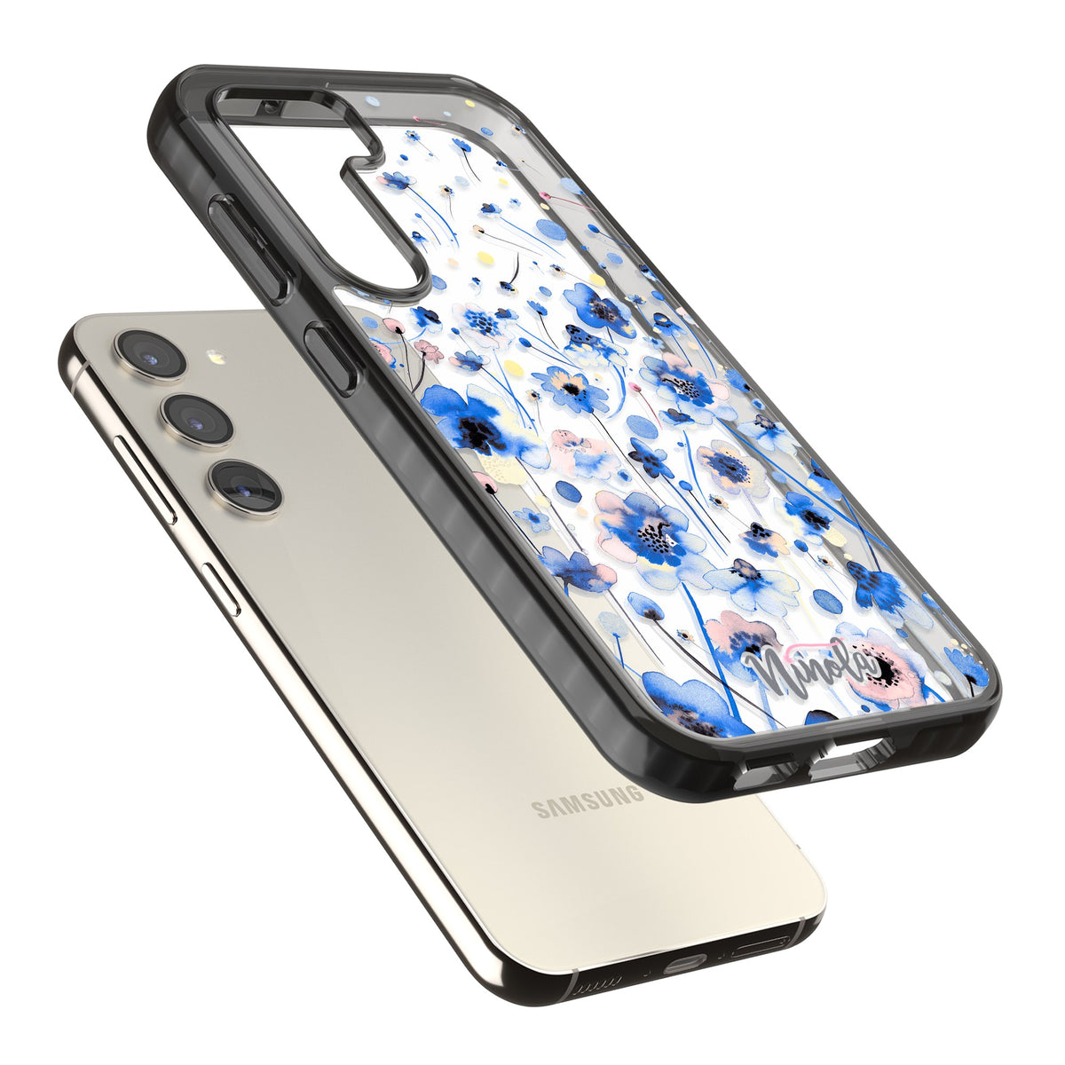 Ink Flowers Blue Samsung S22 / Samsung S22 Plus / Samsung S23 / Samsung S23 Plus / Samsung S24 / Samsung S24 Plus Impact Black Phone Case angled