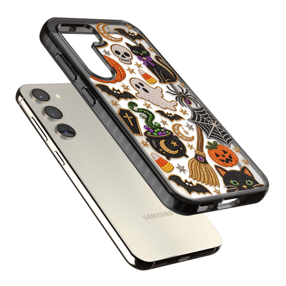 Beaded Halloween Halloween iPhone case featuring beaded pumpkins, ghosts, black cats and bats | Black Impact case for Samsung Galaxy S24, Samsung Galaxy S23, Samsung Galaxy S22