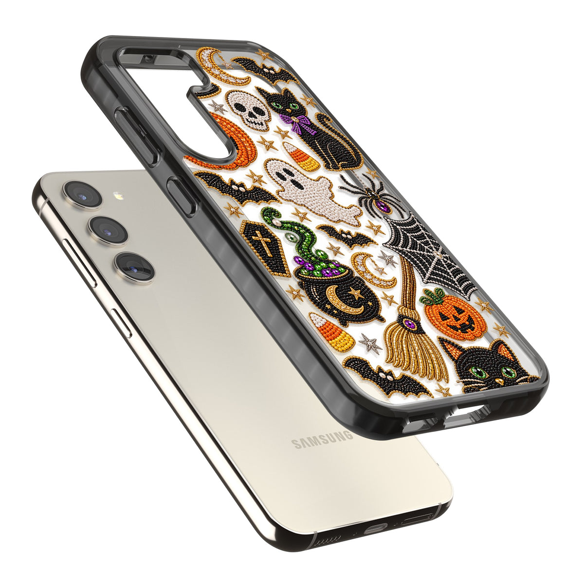 Beaded Halloween Samsung S22 / Samsung S22 Plus / Samsung S23 / Samsung S23 Plus / Samsung S24 / Samsung S24 Plus Impact Black Phone Case angled