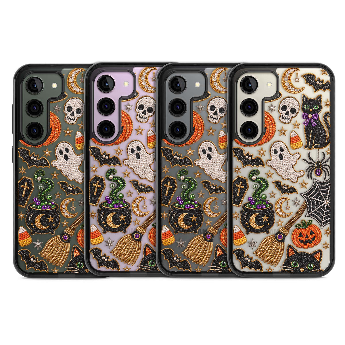 Beaded Halloween Halloween iPhone case featuring beaded pumpkins, ghosts, black cats and bats | Black Impact case for Samsung Galaxy S24, Samsung Galaxy S23, Samsung Galaxy S22