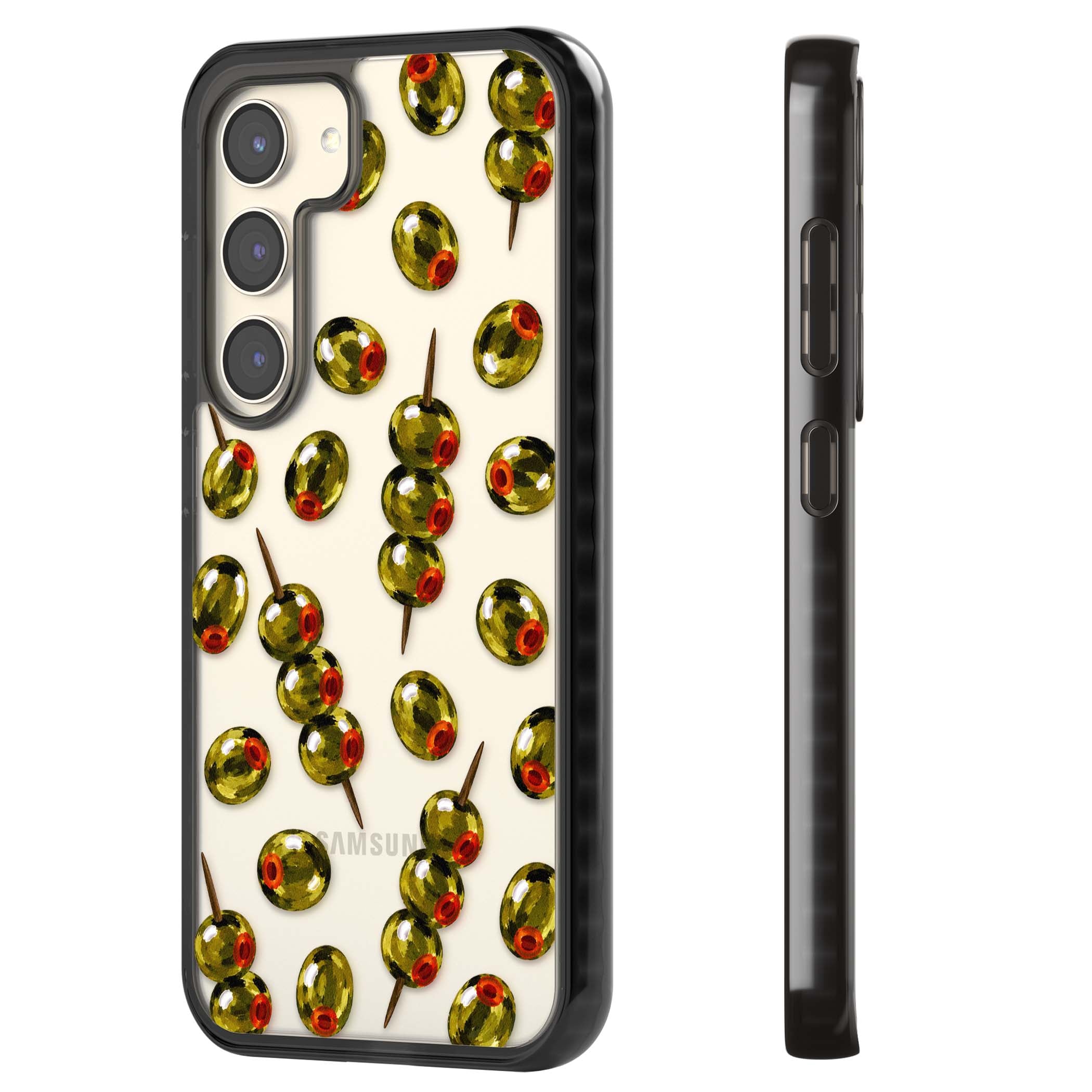 Painted Olives cocktail iPhone case featuring green olives, pimento centres and toothpick skewers on a clear background | Black Impact case for Samsung Galaxy S24, Samsung Galaxy S23, Samsung Galaxy S22