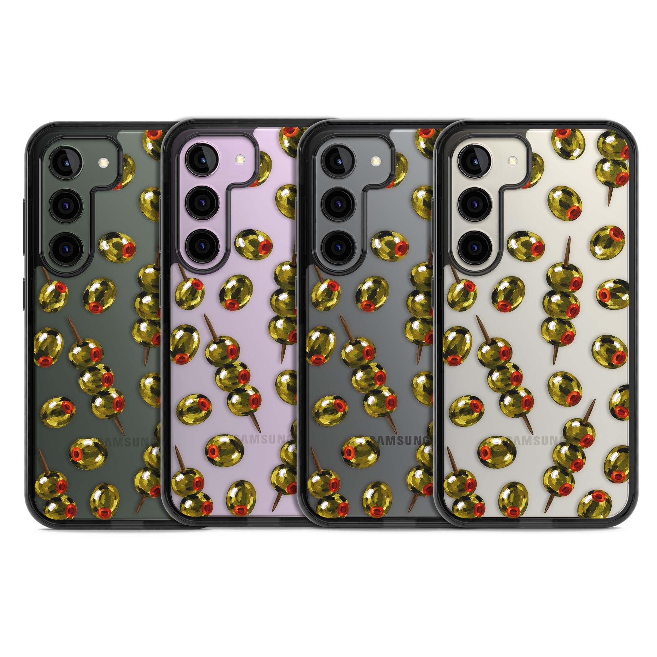 Painted Olives cocktail iPhone case featuring green olives, pimento centres and toothpick skewers on a clear background | Black Impact case for Samsung Galaxy S24, Samsung Galaxy S23, Samsung Galaxy S22