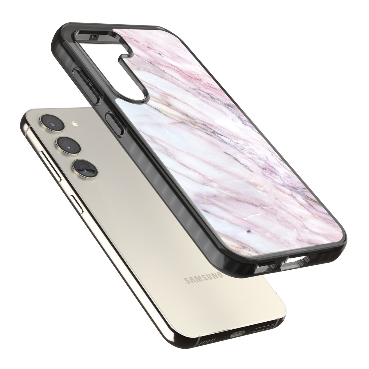 Blush Marble Glow Samsung S22 / Samsung S22 Plus / Samsung S23 / Samsung S23 Plus / Samsung S24 / Samsung S24 Plus Impact Black Phone Case angled