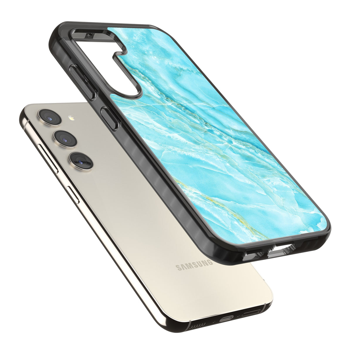 Blue Onyx Marble Samsung S22 / Samsung S22 Plus / Samsung S23 / Samsung S23 Plus / Samsung S24 / Samsung S24 Plus Impact Black Phone Case angled