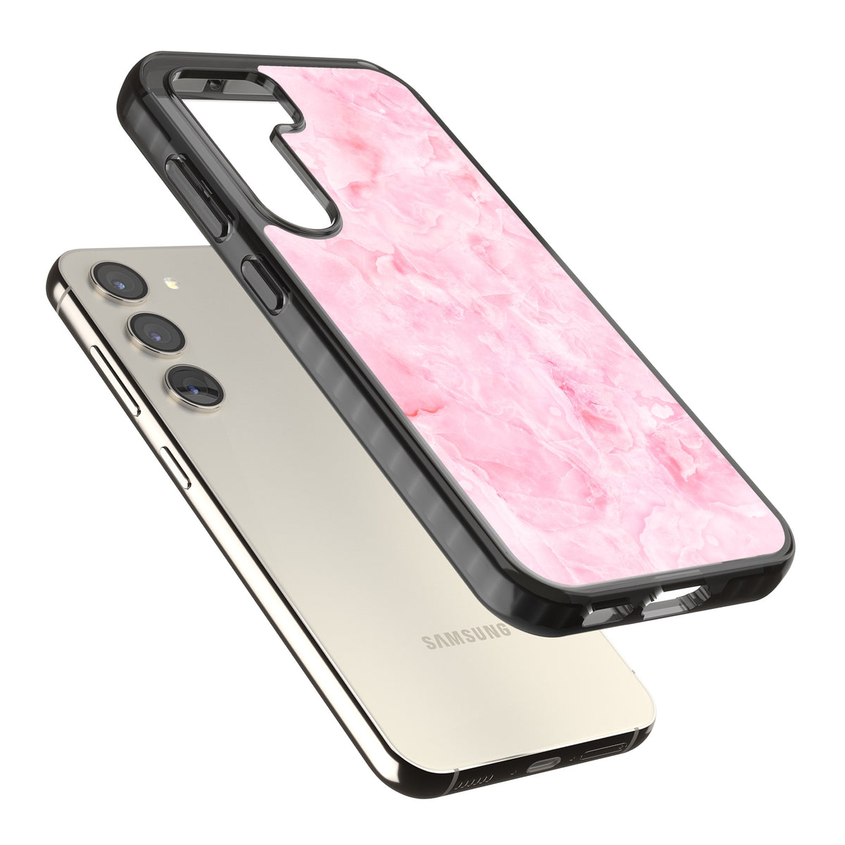 Pink Onyx Marble Samsung S22 / Samsung S22 Plus / Samsung S23 / Samsung S23 Plus / Samsung S24 / Samsung S24 Plus Impact Black Phone Case angled