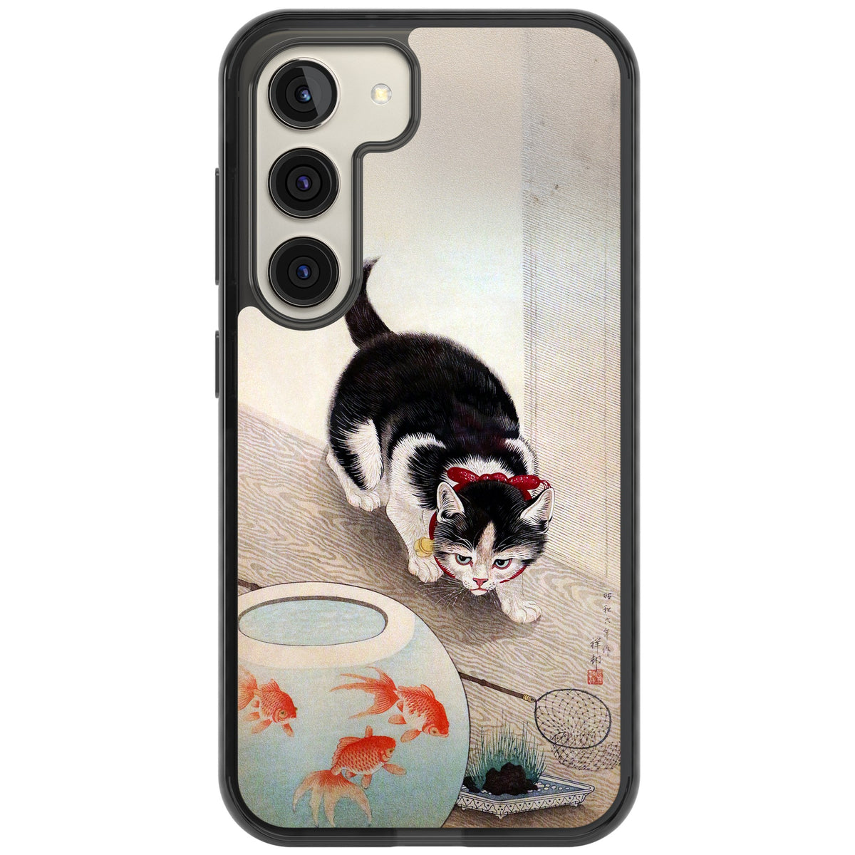 Cat & Goldfish Bowl Samsung S22 / Samsung S22 Plus / Samsung S23 / Samsung S23 Plus / Samsung S24 / Samsung S24 Plus Impact Black Phone Case front