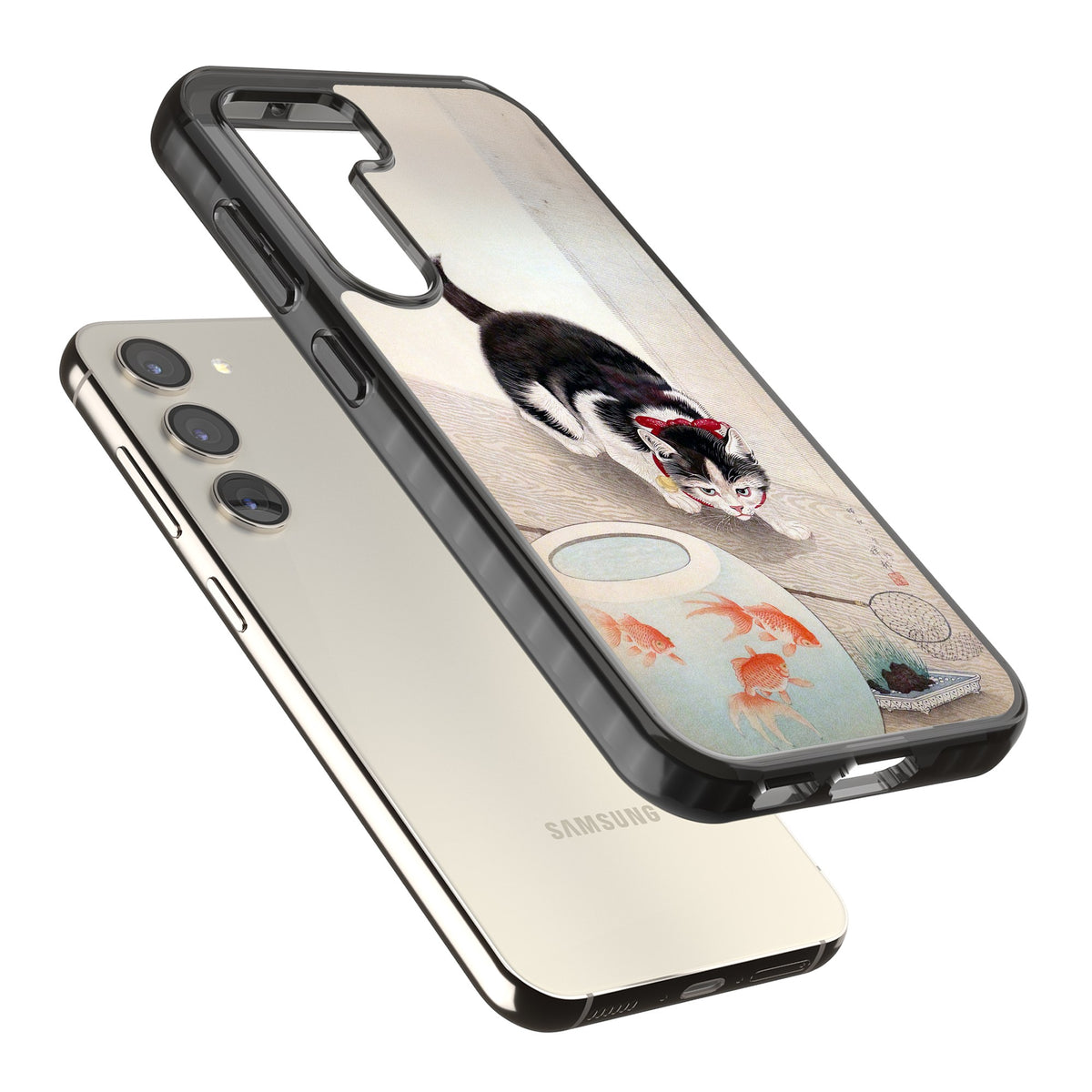 Cat & Goldfish Bowl Samsung S22 / Samsung S22 Plus / Samsung S23 / Samsung S23 Plus / Samsung S24 / Samsung S24 Plus Impact Black Phone Case angled