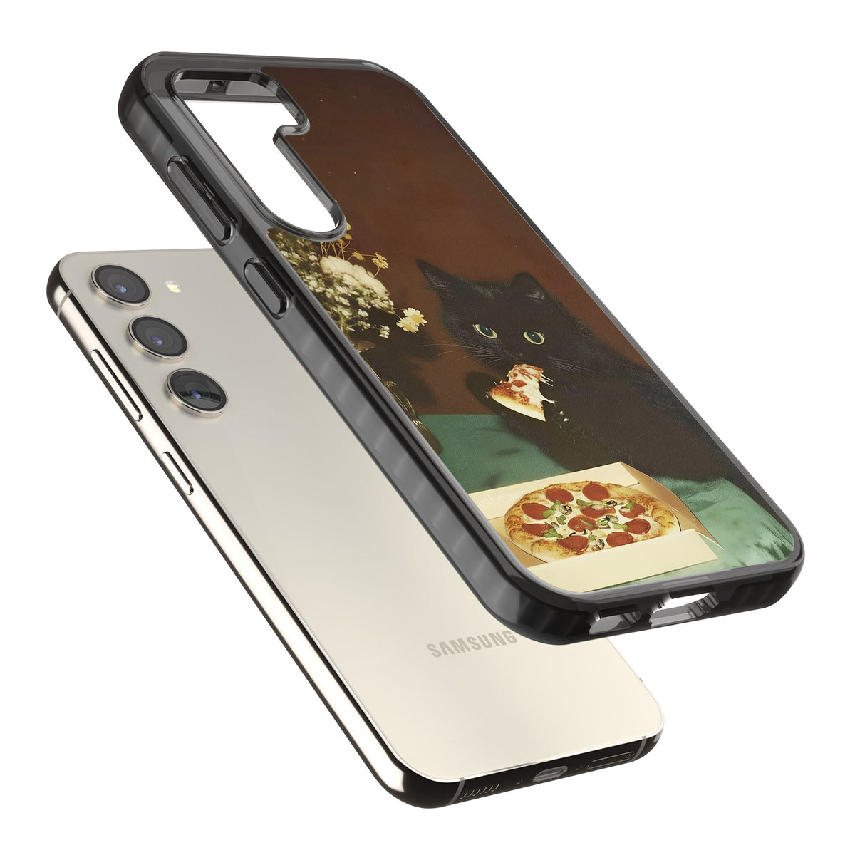 Late Night Snack Cat Samsung S22 / Samsung S22 Plus / Samsung S23 / Samsung S23 Plus / Samsung S24 / Samsung S24 Plus Impact Black Phone Case angled