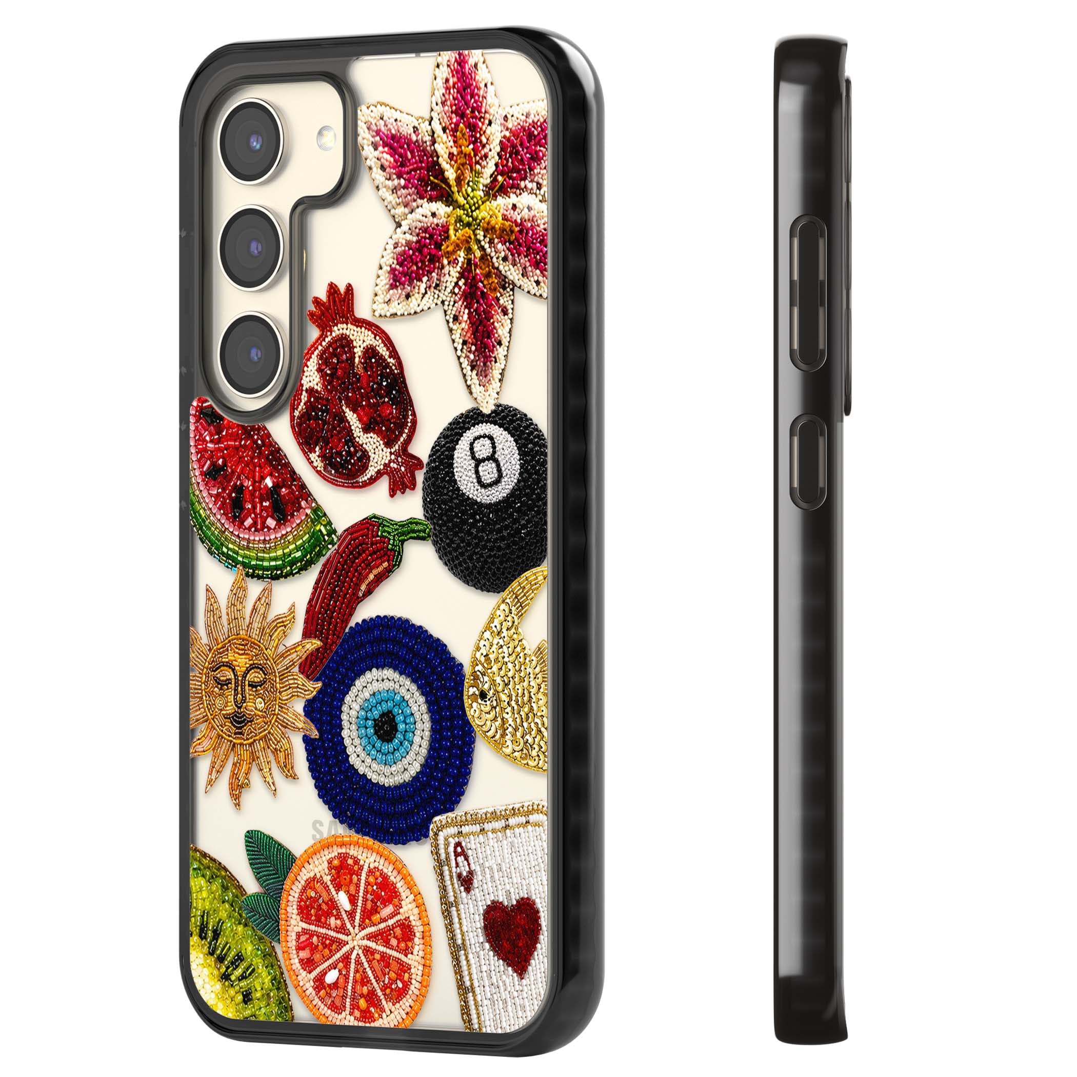 Beaded Charms embroidery iPhone case featuring beaded evil eye, fruit patches and a golden sun motif | Black Impact case for Samsung Galaxy S24, Samsung Galaxy S23, Samsung Galaxy S22
