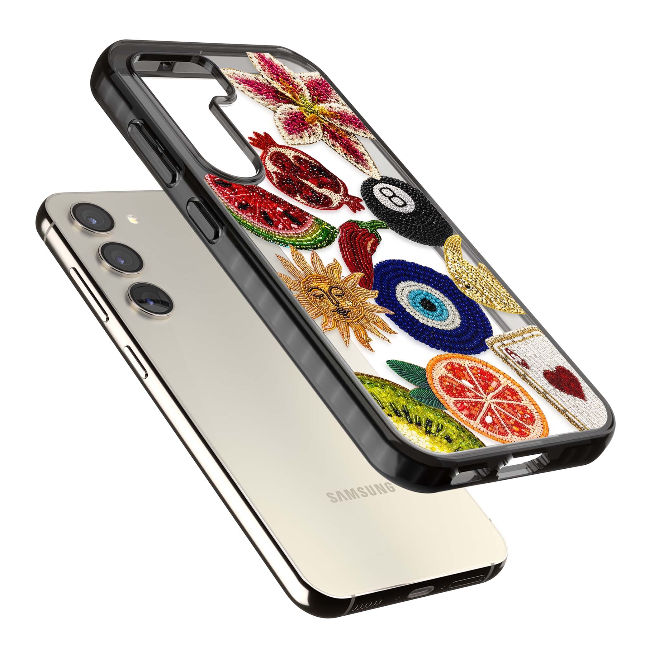 Beaded Charms embroidery iPhone case featuring beaded evil eye, fruit patches and a golden sun motif | Black Impact case for Samsung Galaxy S24, Samsung Galaxy S23, Samsung Galaxy S22