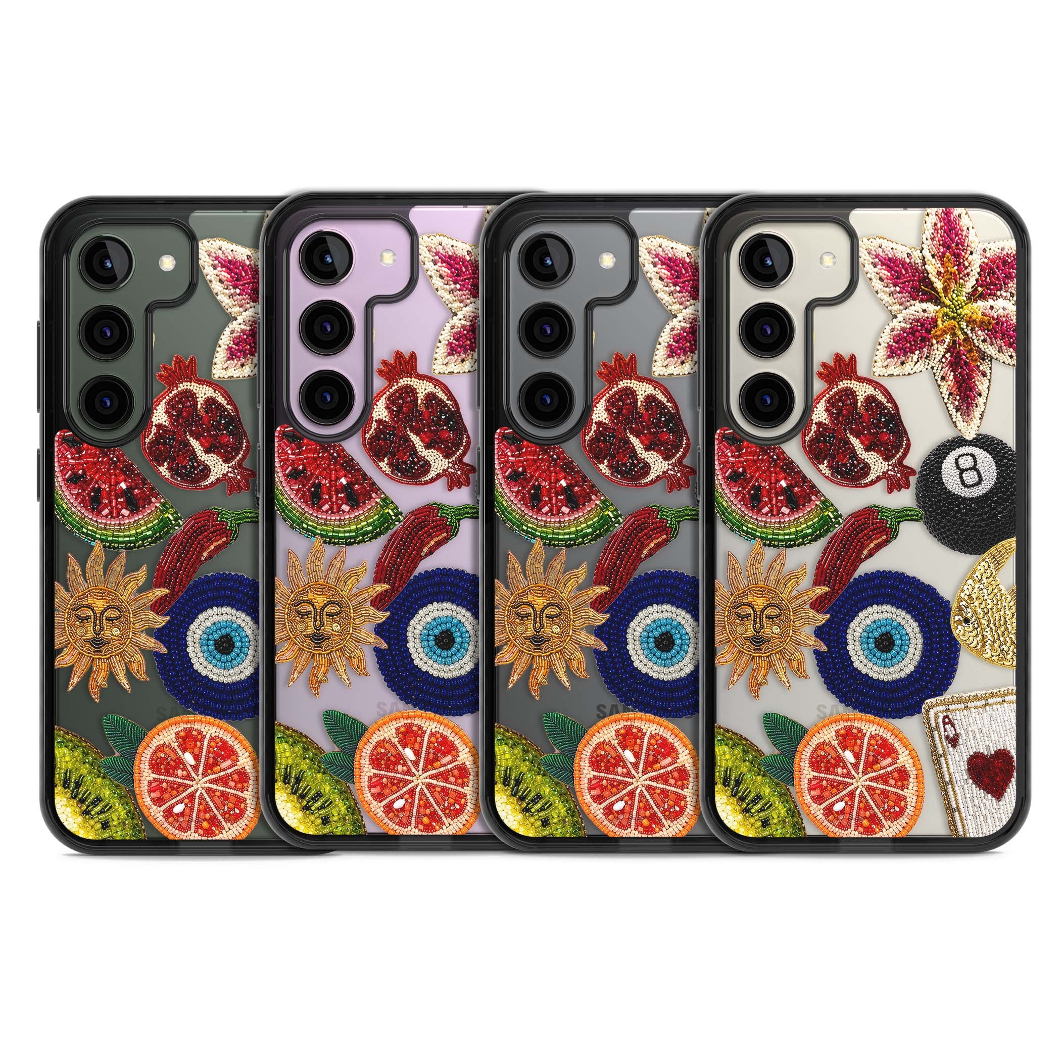 Beaded Charms embroidery iPhone case featuring beaded evil eye, fruit patches and a golden sun motif | Black Impact case for Samsung Galaxy S24, Samsung Galaxy S23, Samsung Galaxy S22