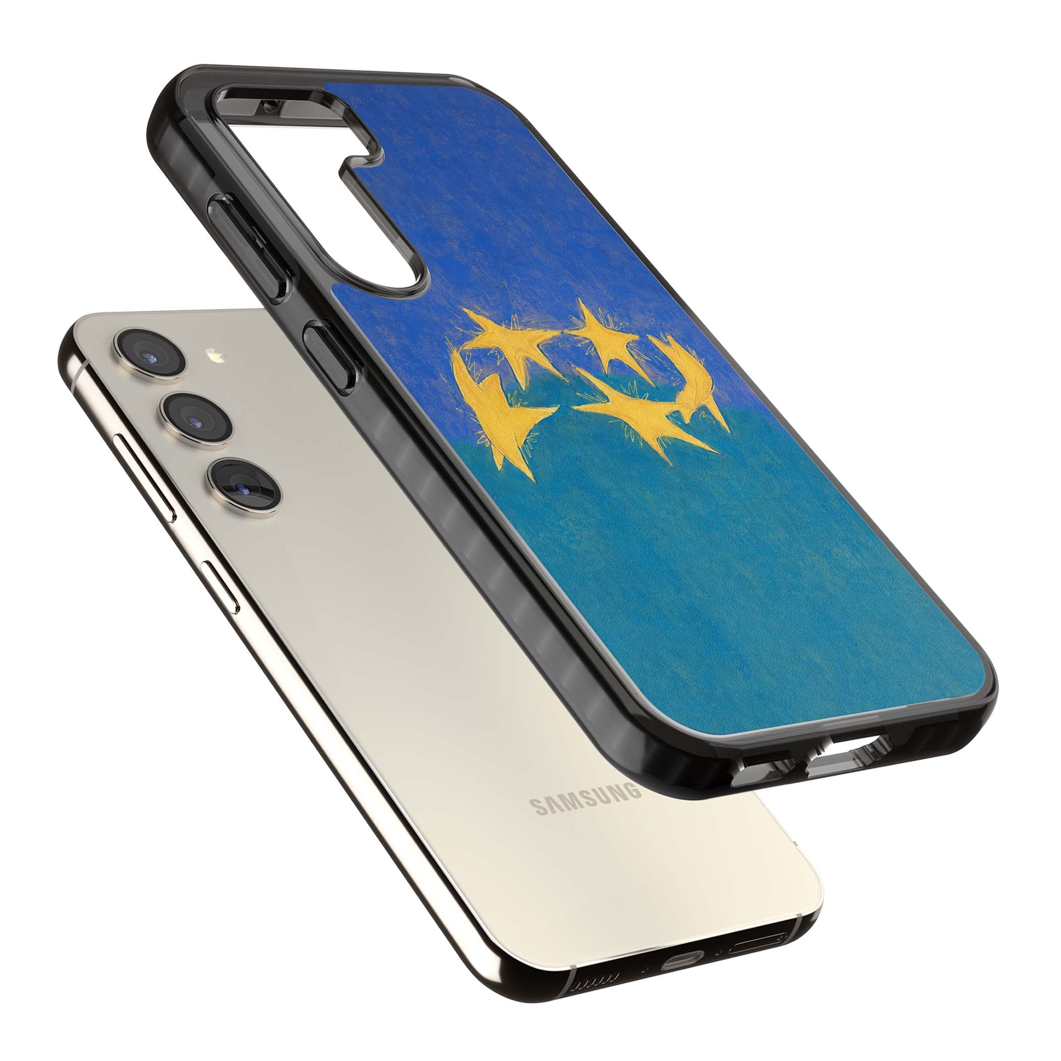 Star Boogie stars aesthetic iPhone case featuring five yellow hand-painted stars on cobalt blue and teal | Black Impact case for Samsung Galaxy S24, Samsung Galaxy S23, Samsung Galaxy S22