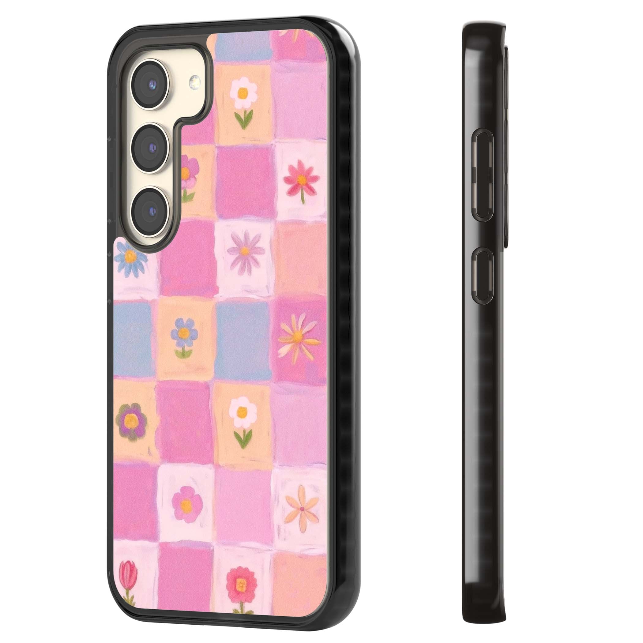 Pastel Flower Patchwork cottagecore iPhone case featuring painted pink and lilac squares with daisies and wildflowers | Black Impact case for Samsung Galaxy S24, Samsung Galaxy S23, Samsung Galaxy S22