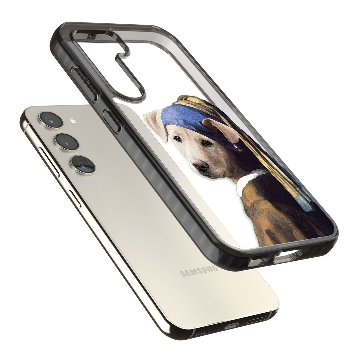 Doggo With A Pearl Earring Samsung S22 / Samsung S22 Plus / Samsung S23 / Samsung S23 Plus / Samsung S24 / Samsung S24 Plus Impact Black Phone Case angled
