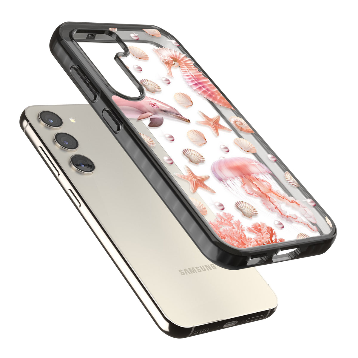 Pink Sealife Samsung S22 / Samsung S22 Plus / Samsung S23 / Samsung S23 Plus / Samsung S24 / Samsung S24 Plus Impact Black Phone Case angled