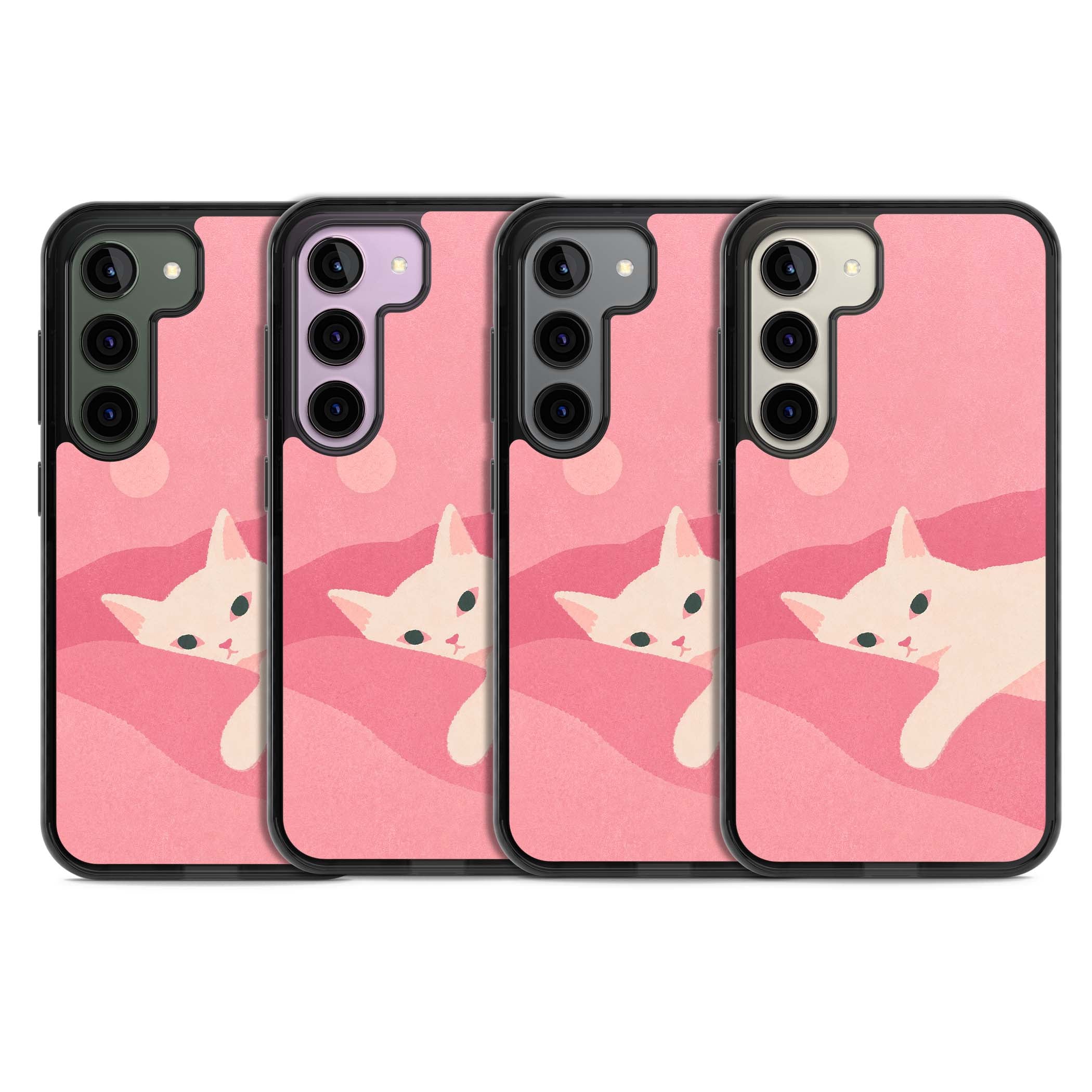 Pink Dreams cute cat iPhone case featuring a white kitten, soft pink hills and a pale pastel sun | Black Impact case for Samsung Galaxy S24, Samsung Galaxy S23, Samsung Galaxy S22