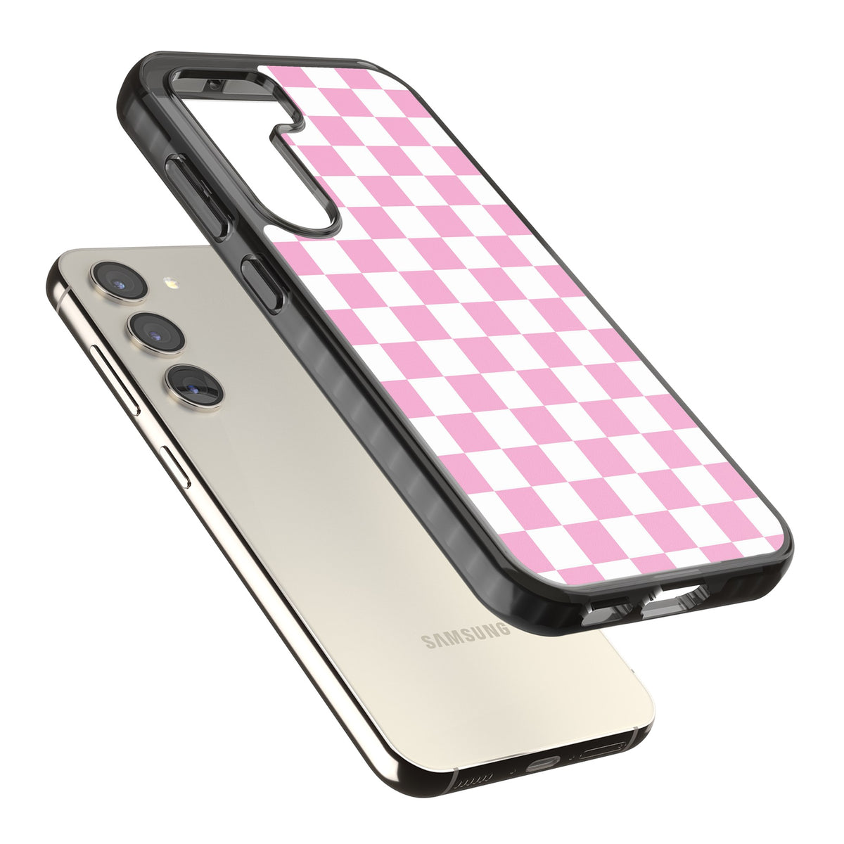 Pink Checkerboard Samsung S22 / Samsung S22 Plus / Samsung S23 / Samsung S23 Plus / Samsung S24 / Samsung S24 Plus Impact Black Phone Case angled