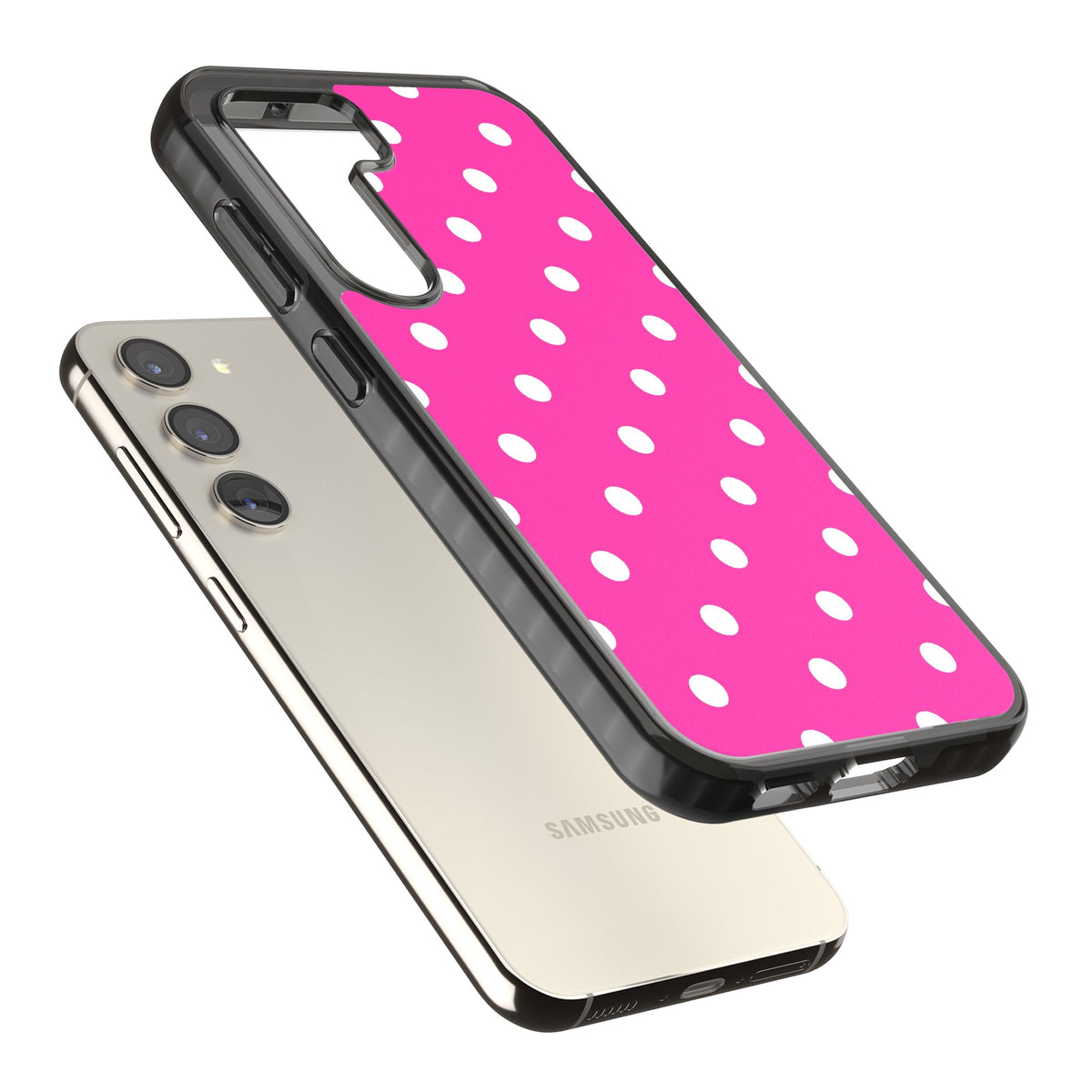 Pink Polka Dot Samsung S22 / Samsung S22 Plus / Samsung S23 / Samsung S23 Plus / Samsung S24 / Samsung S24 Plus Impact Black Phone Case angled