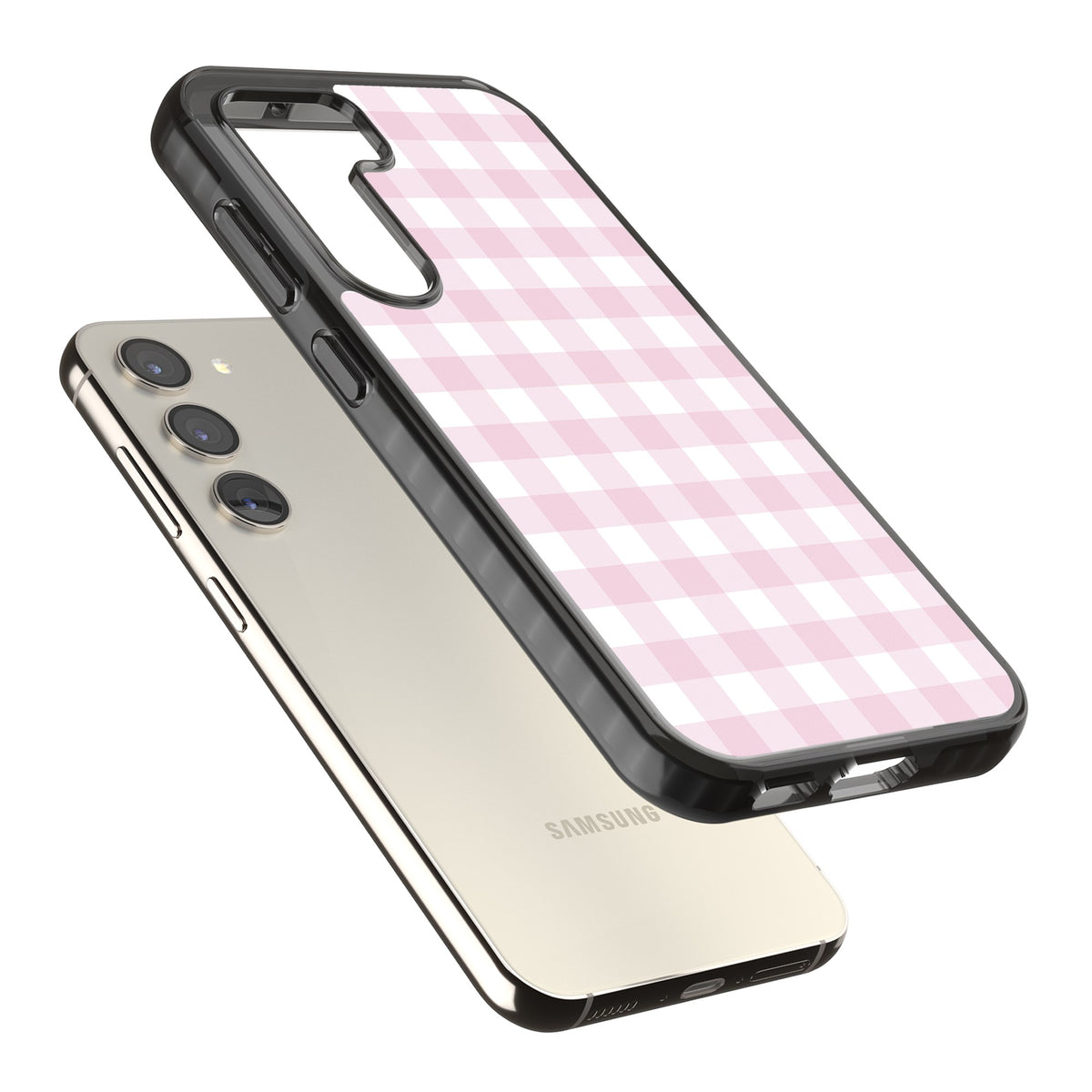 Pink Gingham Samsung S22 / Samsung S22 Plus / Samsung S23 / Samsung S23 Plus / Samsung S24 / Samsung S24 Plus Impact Black Phone Case angled