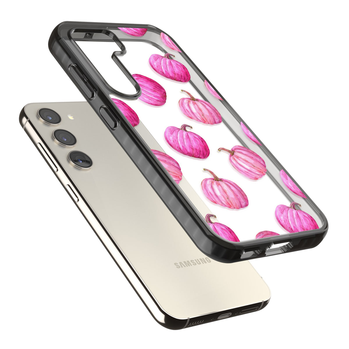 Pink Pumpkins Samsung S22 / Samsung S22 Plus / Samsung S23 / Samsung S23 Plus / Samsung S24 / Samsung S24 Plus Impact Black Phone Case angled