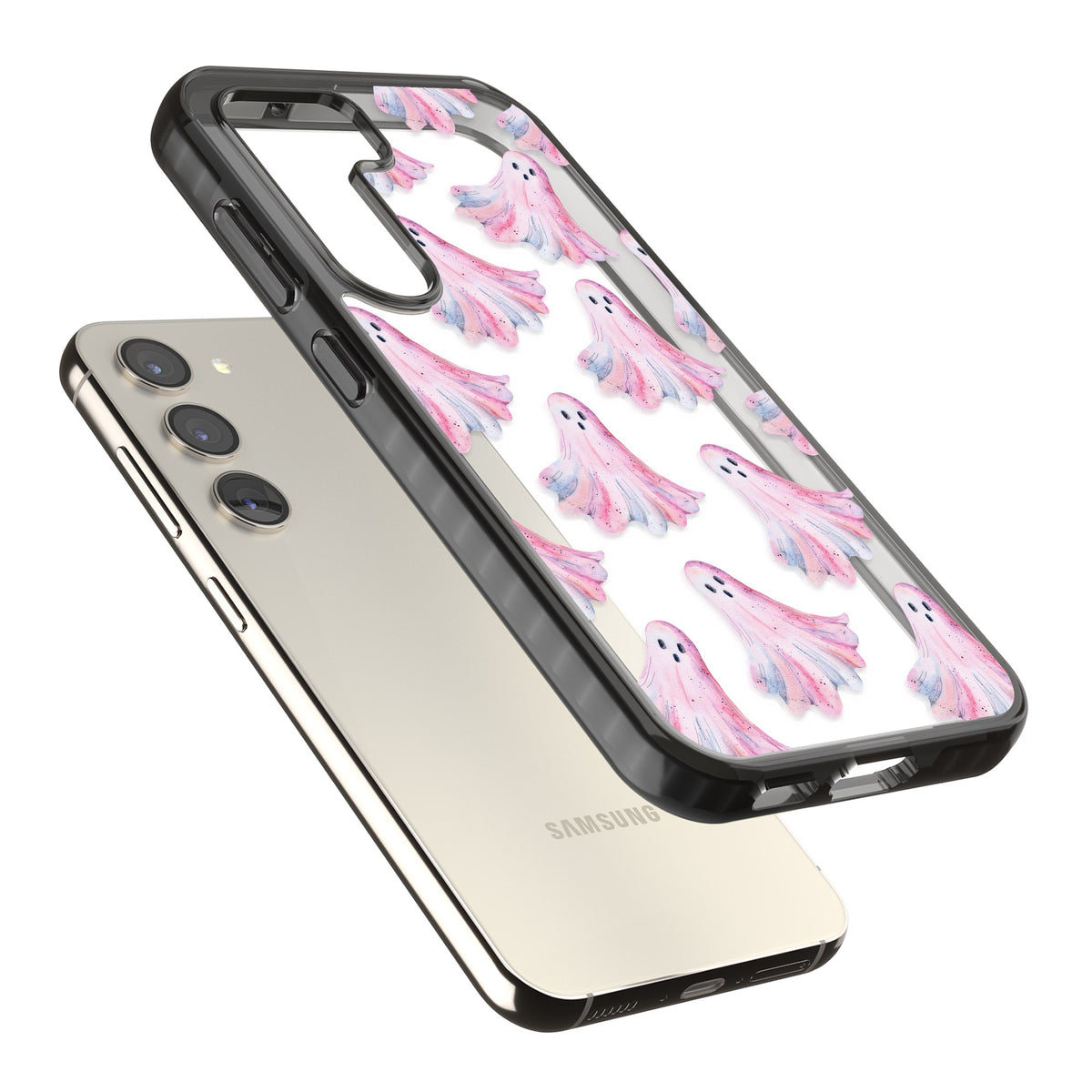 Pink Ghosts Samsung S22 / Samsung S22 Plus / Samsung S23 / Samsung S23 Plus / Samsung S24 / Samsung S24 Plus Impact Black Phone Case angled