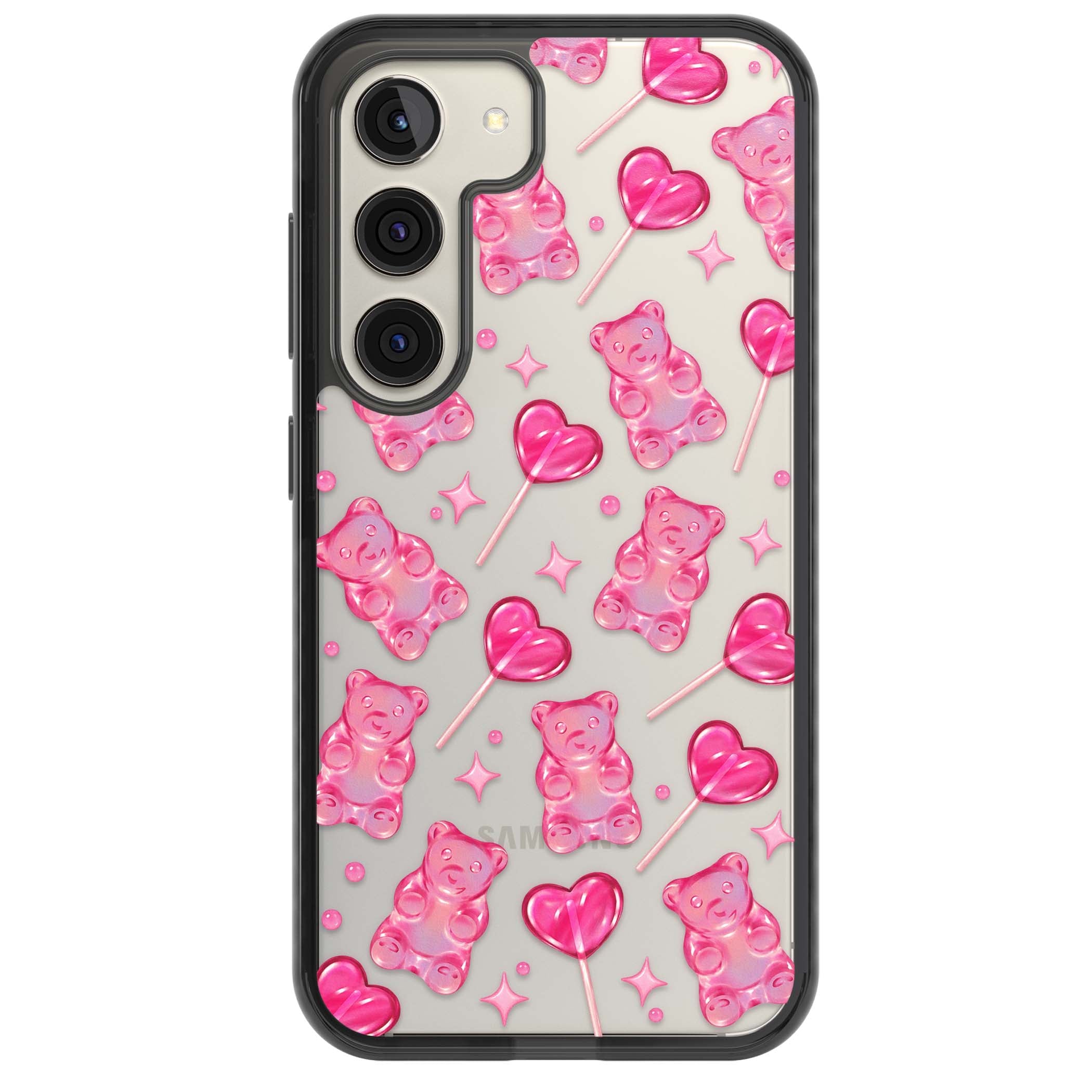 Pink Sugar pinkcore iPhone case featuring pink gummy bears, heart-shaped lollipops and sparkle stars | Black Impact case for Samsung Galaxy S24, Samsung Galaxy S23, Samsung Galaxy S22