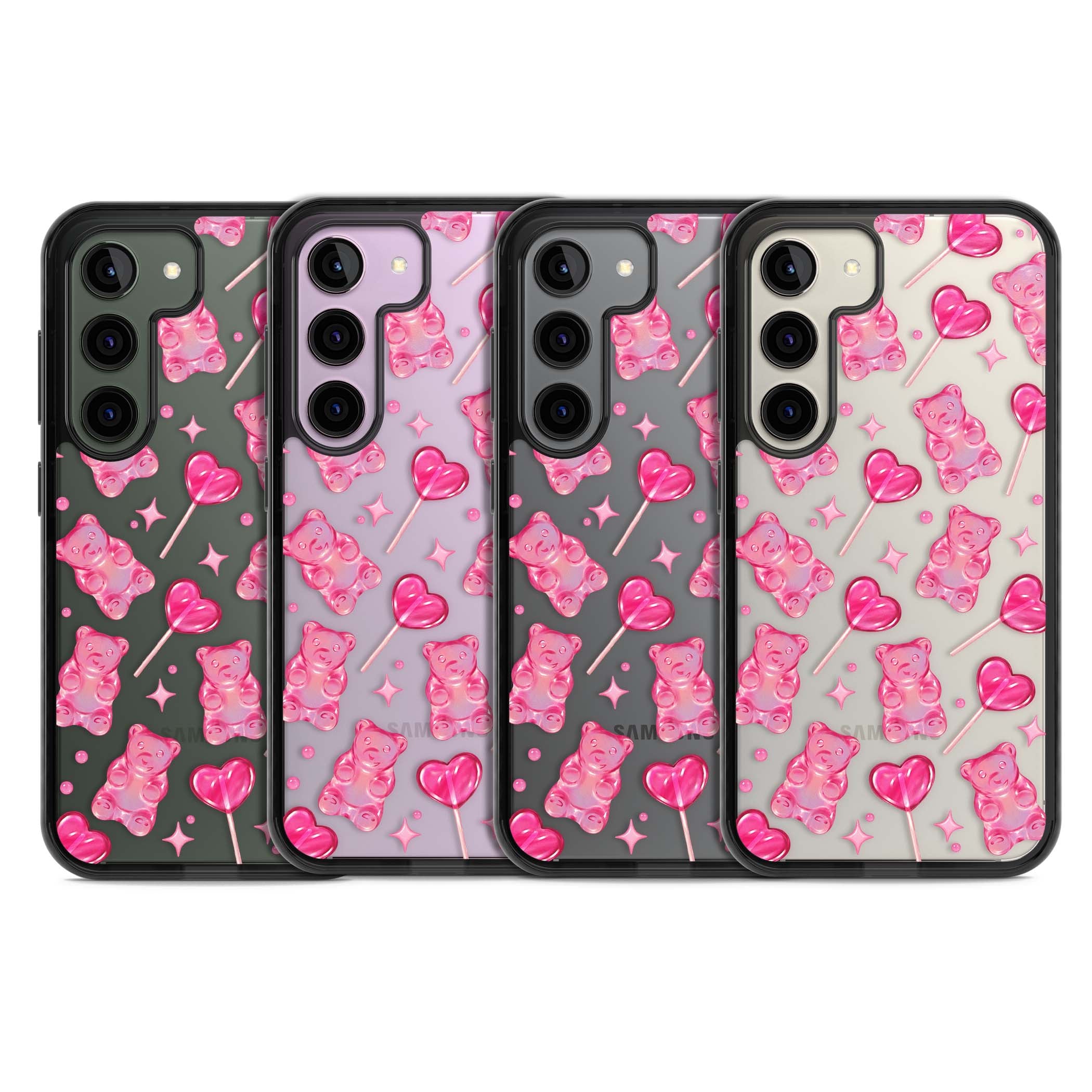 Pink Sugar pinkcore iPhone case featuring pink gummy bears, heart-shaped lollipops and sparkle stars | Black Impact case for Samsung Galaxy S24, Samsung Galaxy S23, Samsung Galaxy S22