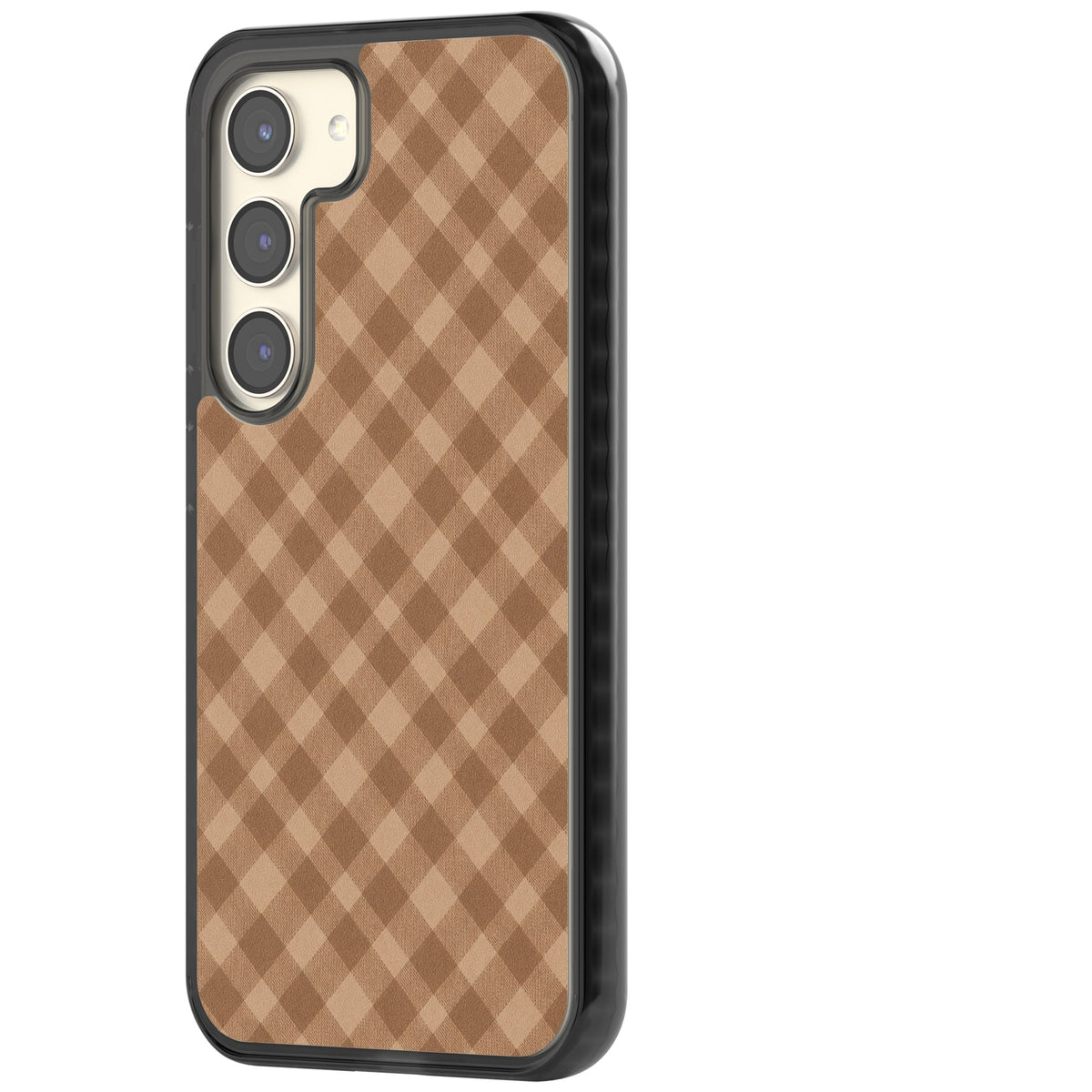 Beige Gingham cottagecore iPhone case featuring diagonal brown gingham checks in soft beige and toffee tones Samsung S22 / Samsung S22 Plus / Samsung S23 / Samsung S23 Plus / Samsung S24 / Samsung S24 Plus Impact Black Phone Case side