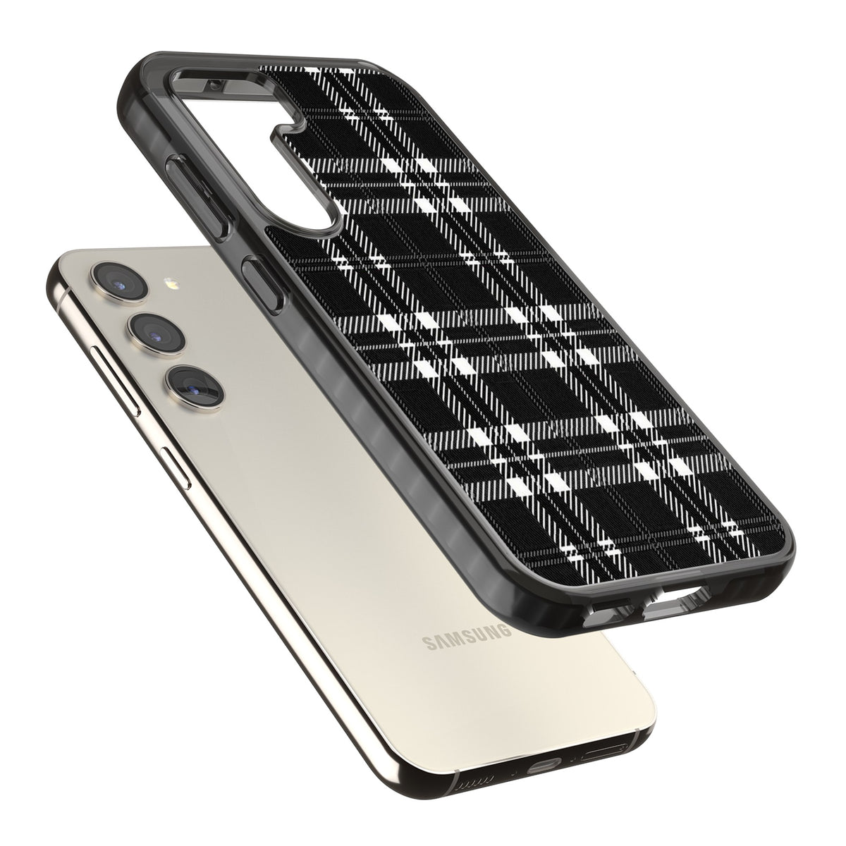 Divine Black Plaid Samsung S22 / Samsung S22 Plus / Samsung S23 / Samsung S23 Plus / Samsung S24 / Samsung S24 Plus Impact Black Phone Case angled