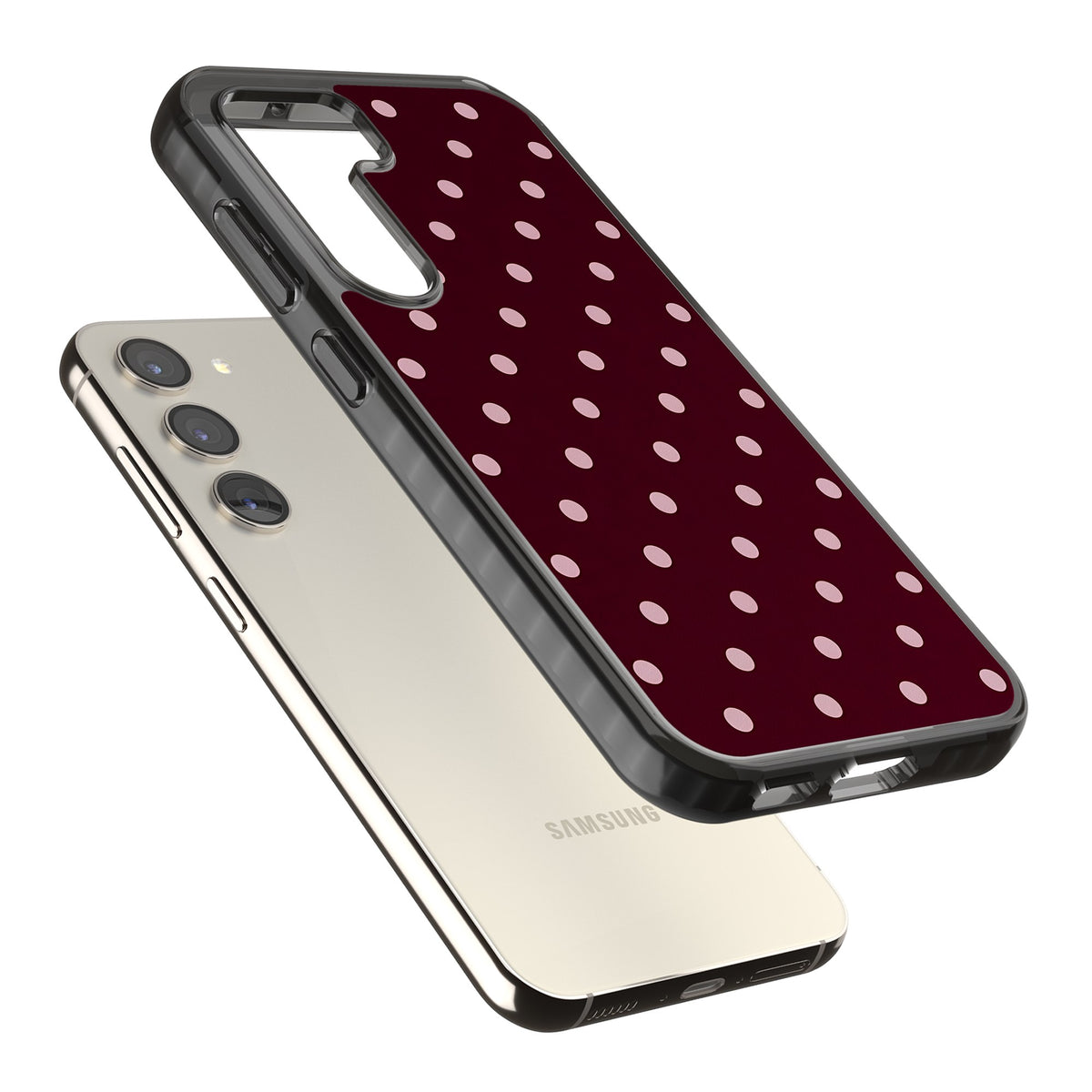 Merlot Dots polka dot iPhone case featuring dusty pink spots on a deep burgundy background in a retro grid Samsung S22 / Samsung S22 Plus / Samsung S23 / Samsung S23 Plus / Samsung S24 / Samsung S24 Plus Impact Black Phone Case angled