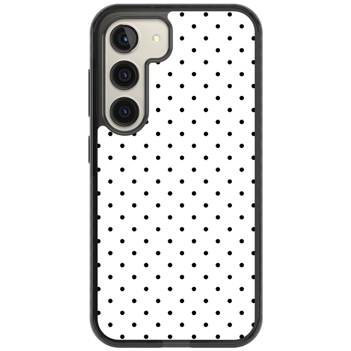 Dalmatian Dots minimal iPhone case featuring small black polka dots on a crisp white background with bold black edges Samsung S22 / Samsung S22 Plus / Samsung S23 / Samsung S23 Plus / Samsung S24 / Samsung S24 Plus Impact Black Phone Case front