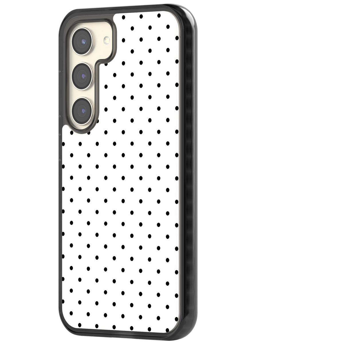 Dalmatian Dots minimal iPhone case featuring small black polka dots on a crisp white background with bold black edges Samsung S22 / Samsung S22 Plus / Samsung S23 / Samsung S23 Plus / Samsung S24 / Samsung S24 Plus Impact Black Phone Case side