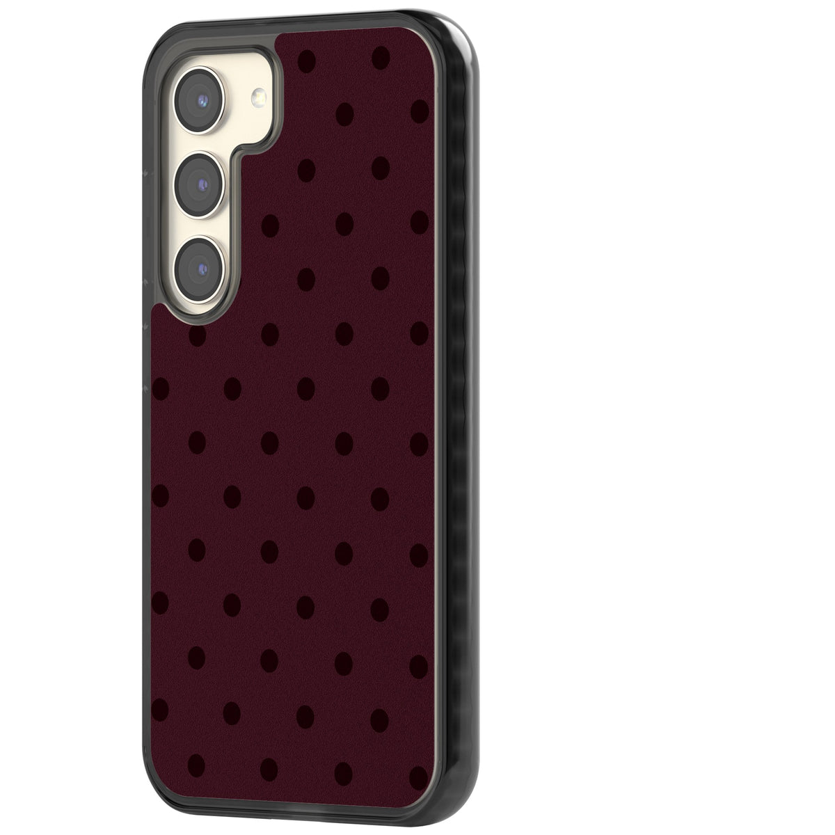 Burgundy Polka Dot minimalist iPhone case featuring black polka dots on a deep burgundy wine red background Samsung S22 / Samsung S22 Plus / Samsung S23 / Samsung S23 Plus / Samsung S24 / Samsung S24 Plus Impact Black Phone Case side