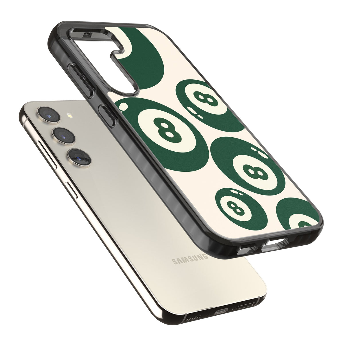 Green Eight Balls Samsung S22 / Samsung S22 Plus / Samsung S23 / Samsung S23 Plus / Samsung S24 / Samsung S24 Plus Impact Black Phone Case angled
