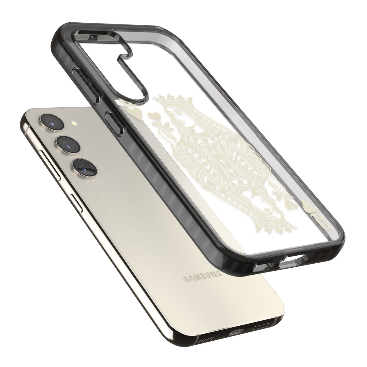Queen Of Hearts (Beige) Samsung S22 / Samsung S22 Plus / Samsung S23 / Samsung S23 Plus / Samsung S24 / Samsung S24 Plus Impact Black Phone Case angled