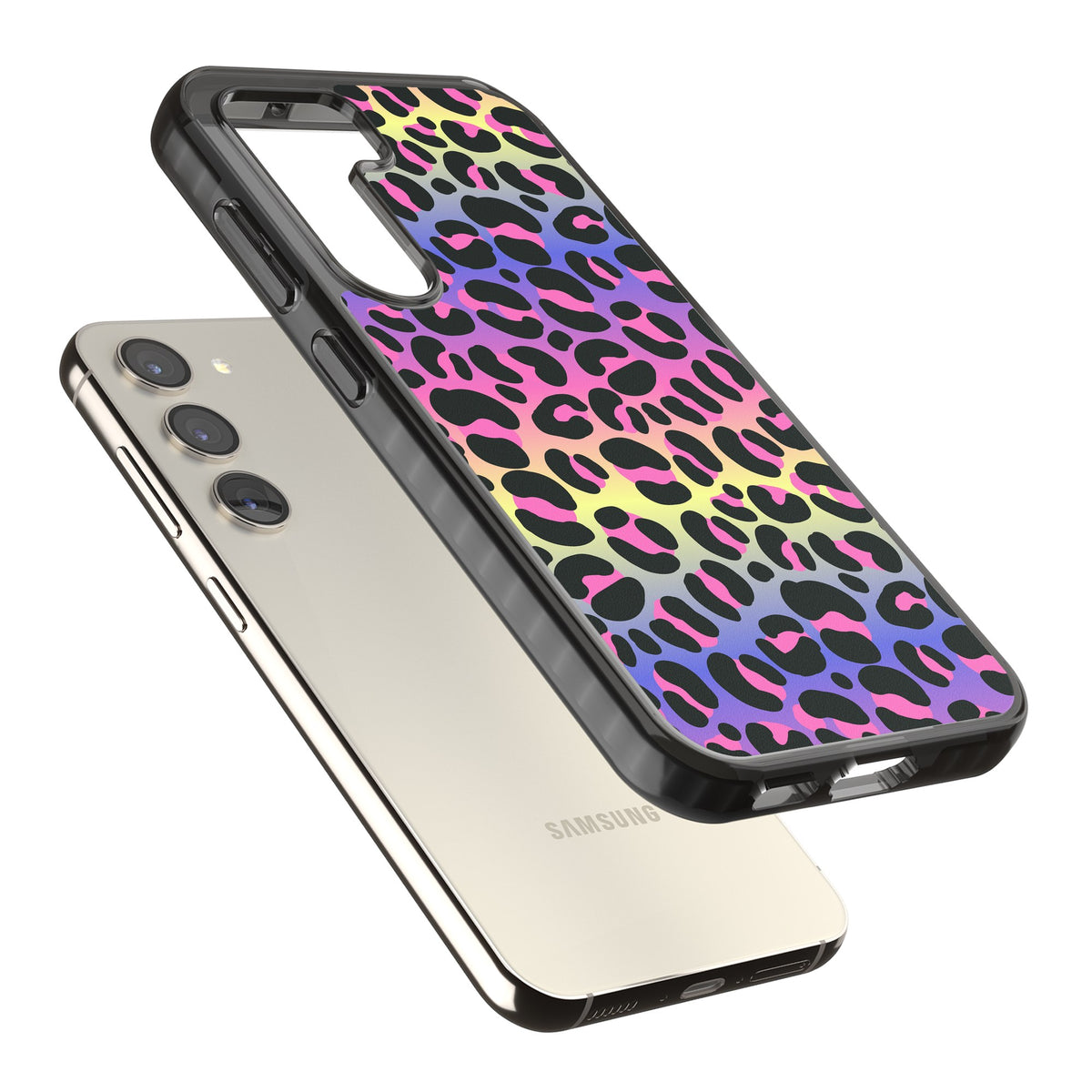 Rainbow Gradient Leopard Samsung S22 / Samsung S22 Plus / Samsung S23 / Samsung S23 Plus / Samsung S24 / Samsung S24 Plus Impact Black Phone Case angled