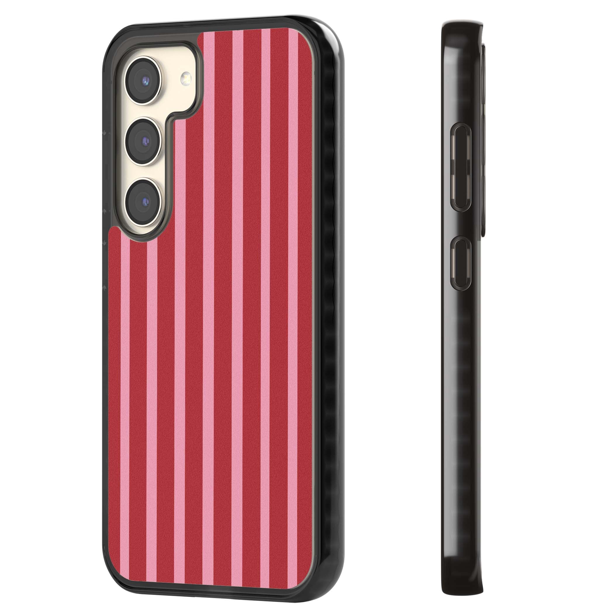 Raspberry Stripe coquette iPhone case featuring red and pink vertical stripes in a candy-inspired pattern | Black Impact case for Samsung Galaxy S24, Samsung Galaxy S23, Samsung Galaxy S22