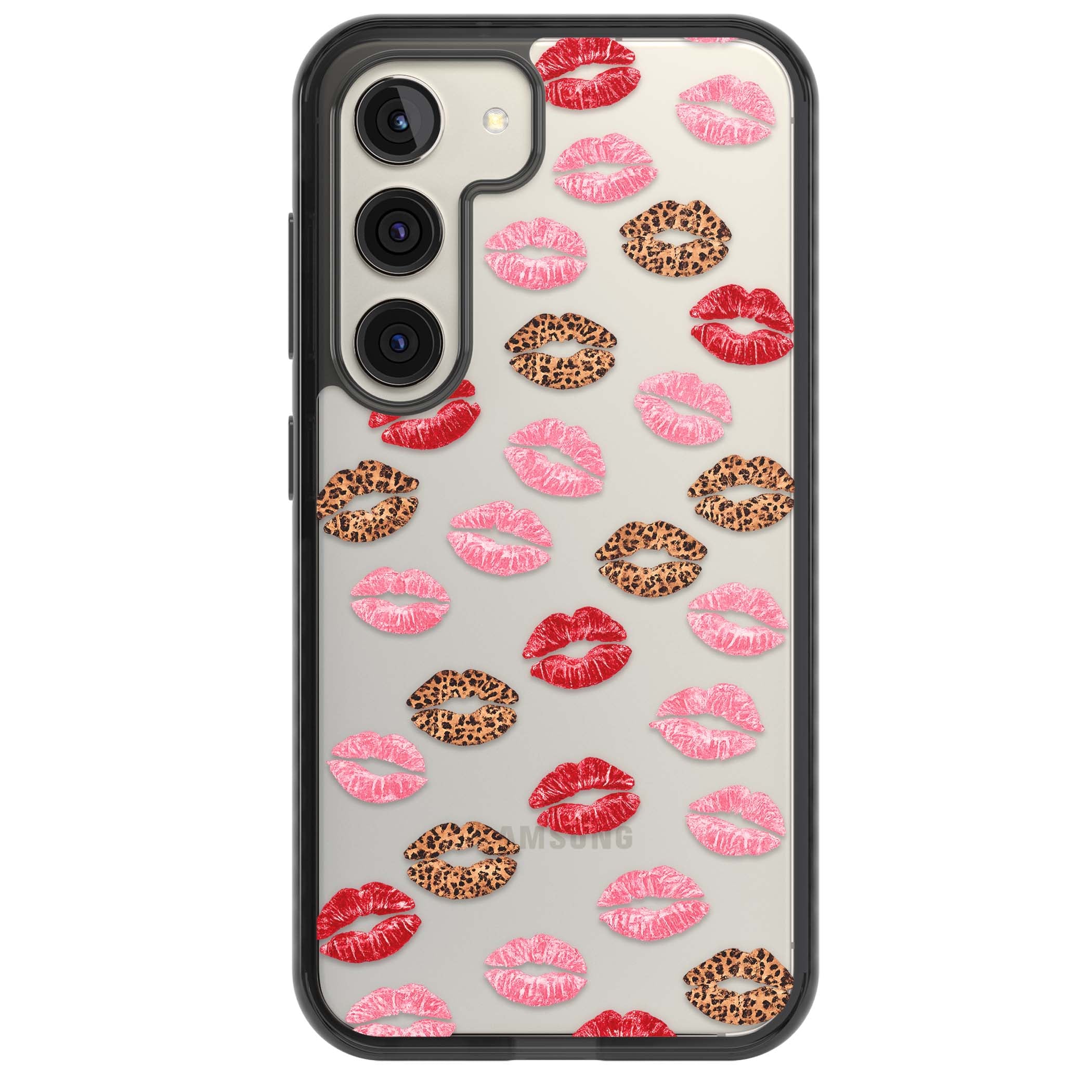 Wild Kisses coquette iPhone case featuring red, pink and leopard print lipstick kiss marks on a clear background | Black Impact case for Samsung Galaxy S24, Samsung Galaxy S23, Samsung Galaxy S22