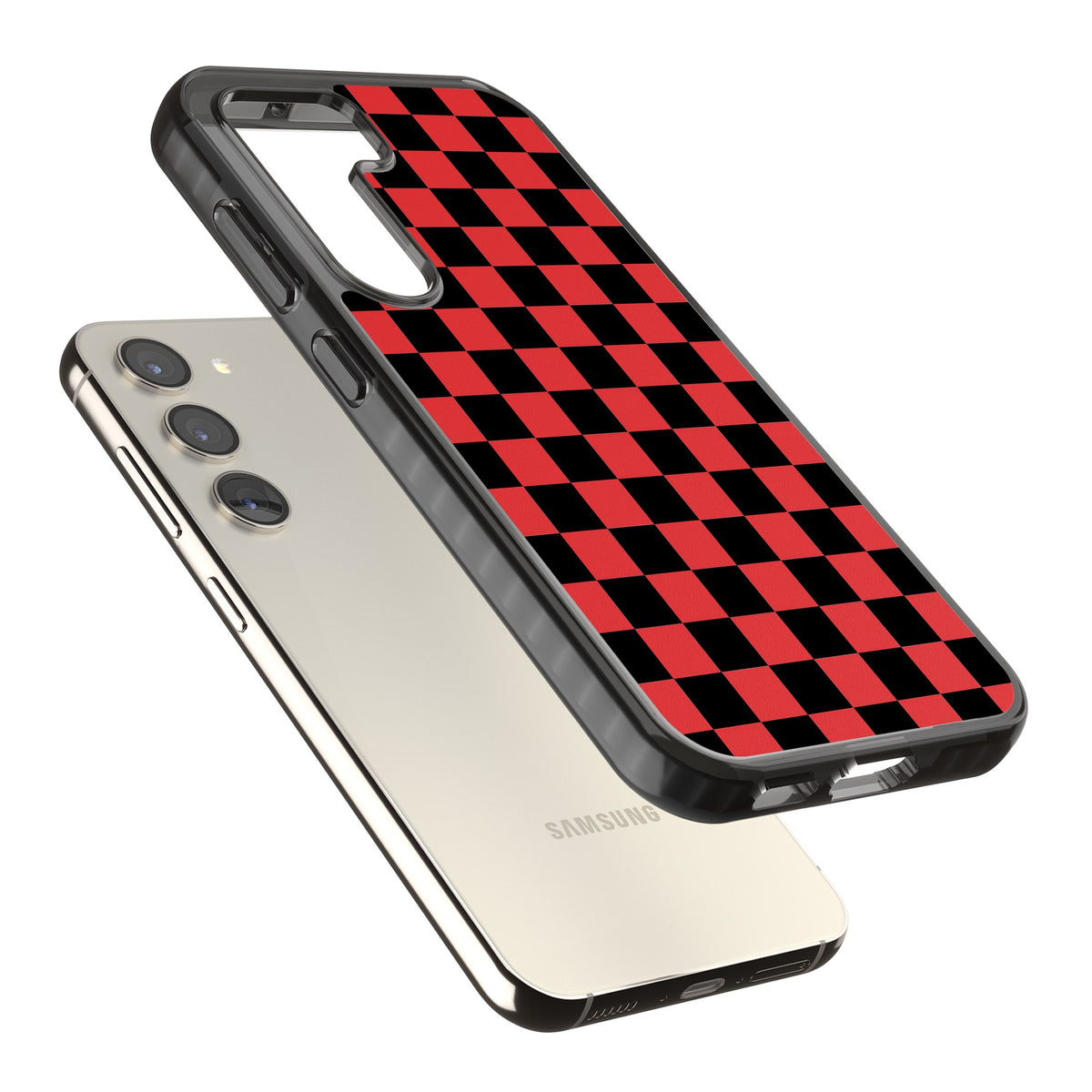 Crimson Check Samsung S22 / Samsung S22 Plus / Samsung S23 / Samsung S23 Plus / Samsung S24 / Samsung S24 Plus Impact Black Phone Case angled