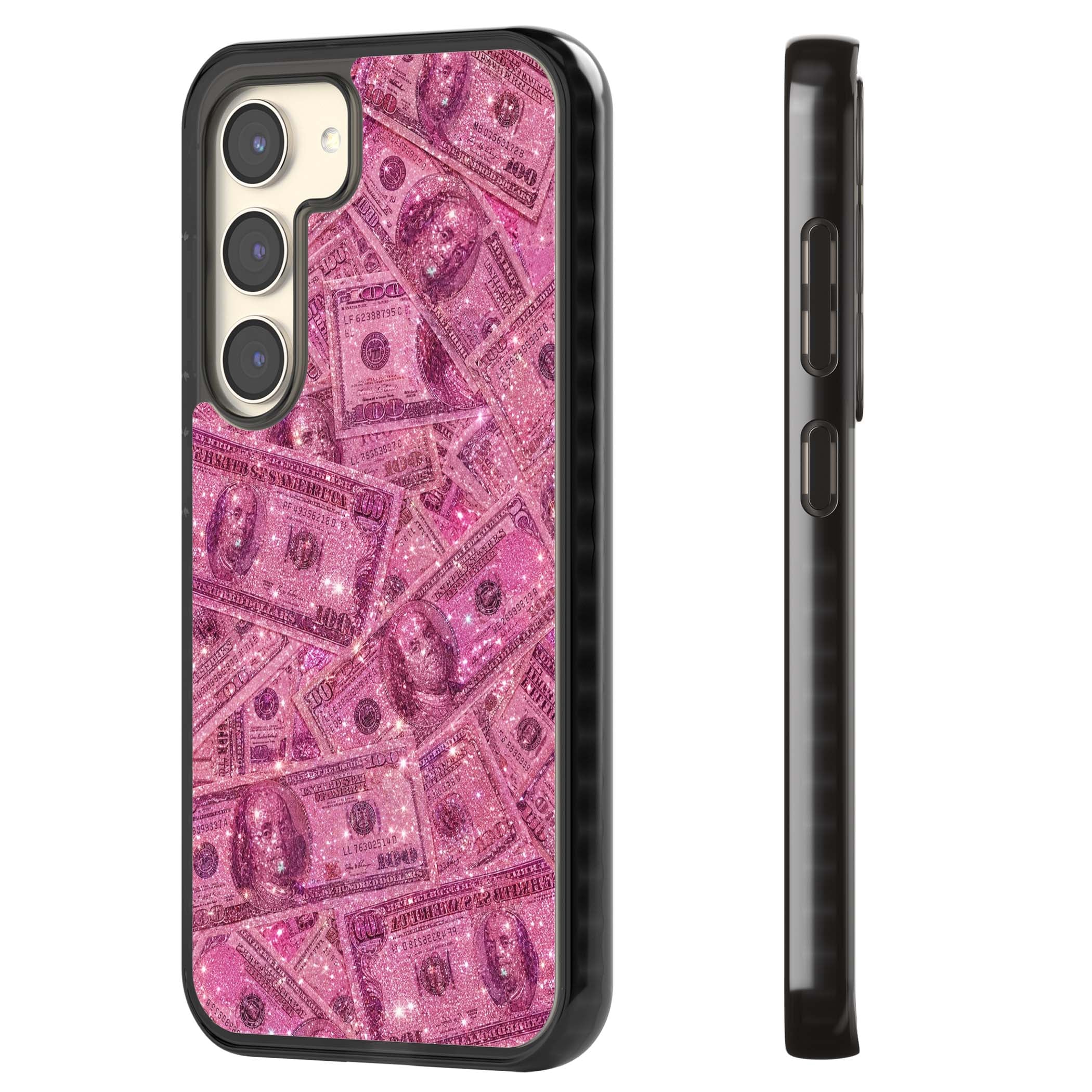 Glamorous baddie iPhone case featuring pink glitter hundred dollar bills and sparkling money wallpaper design | Black Impact case for Samsung Galaxy S24, Samsung Galaxy S23, Samsung Galaxy S22