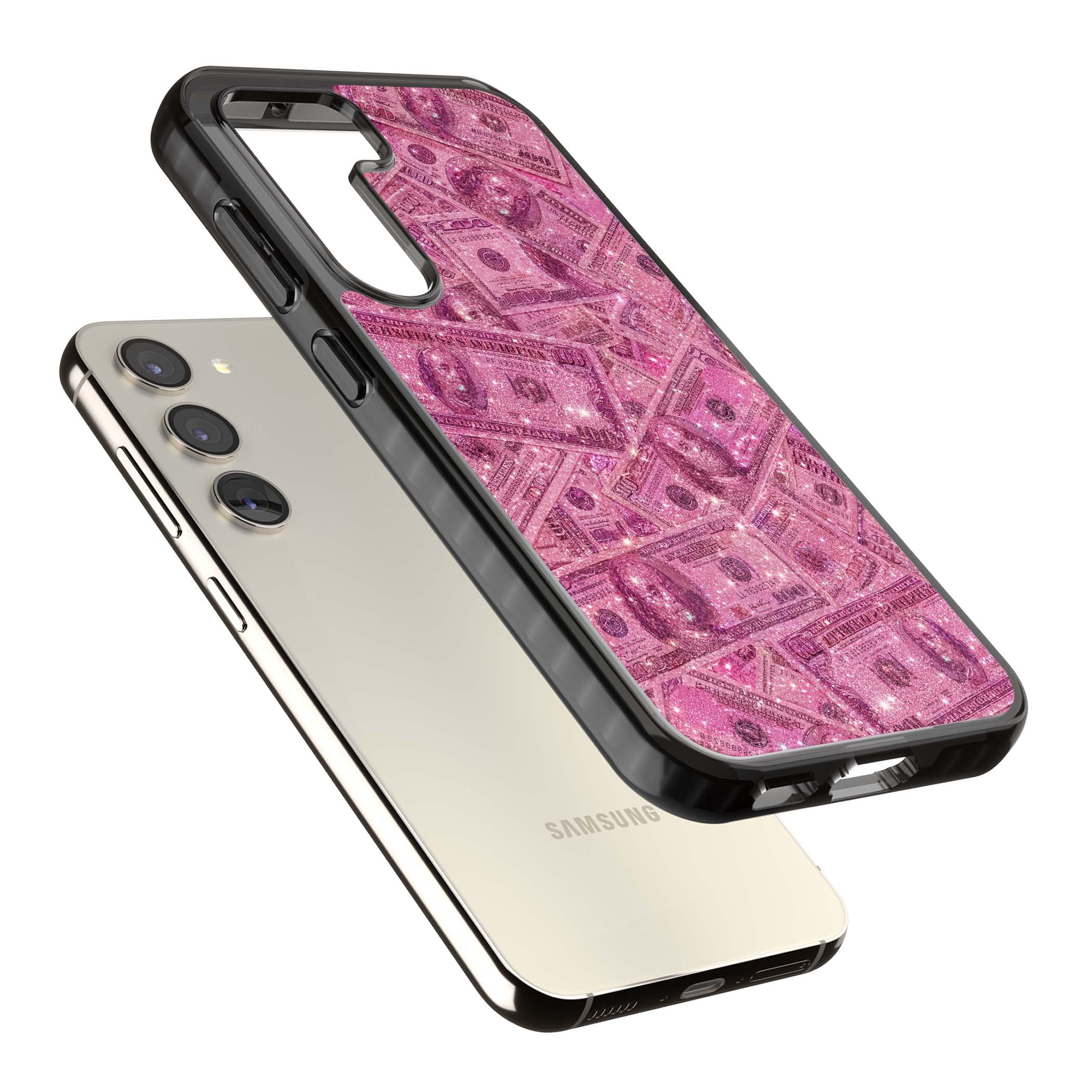 Glamorous baddie iPhone case featuring pink glitter hundred dollar bills and sparkling money wallpaper design | Black Impact case for Samsung Galaxy S24, Samsung Galaxy S23, Samsung Galaxy S22
